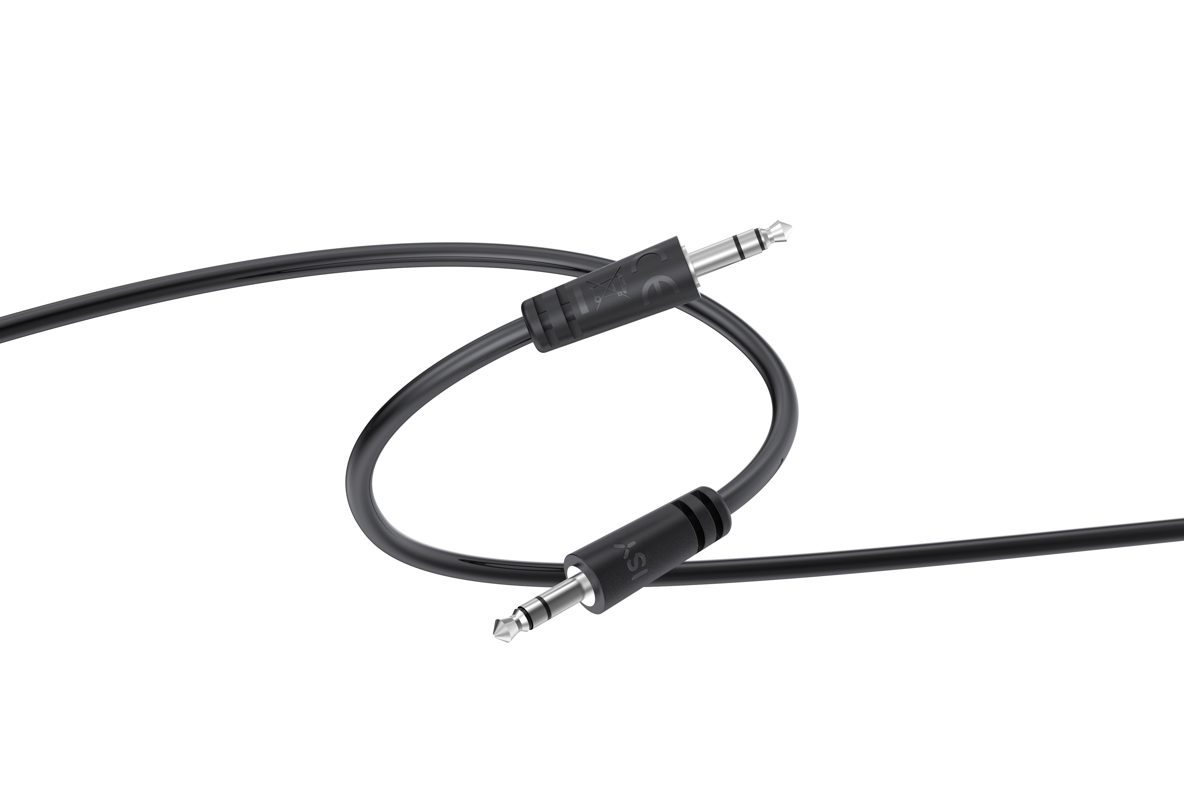 Czarny kabel audio z dwoma złączami, na białym tle.