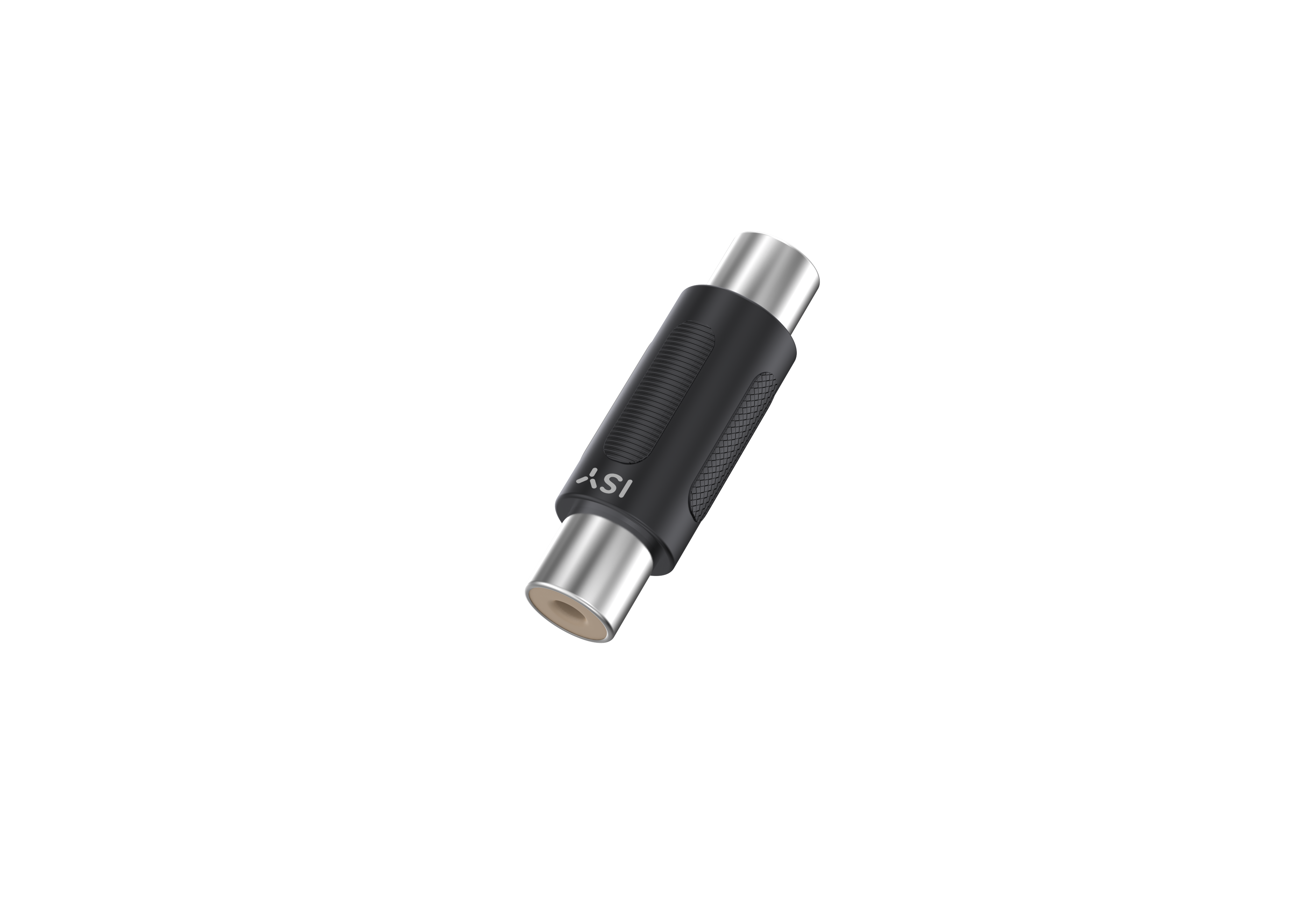 Ein schwarzer RCA-Adapter auf schwarzem Hintergrund, mit ISY-Logo.