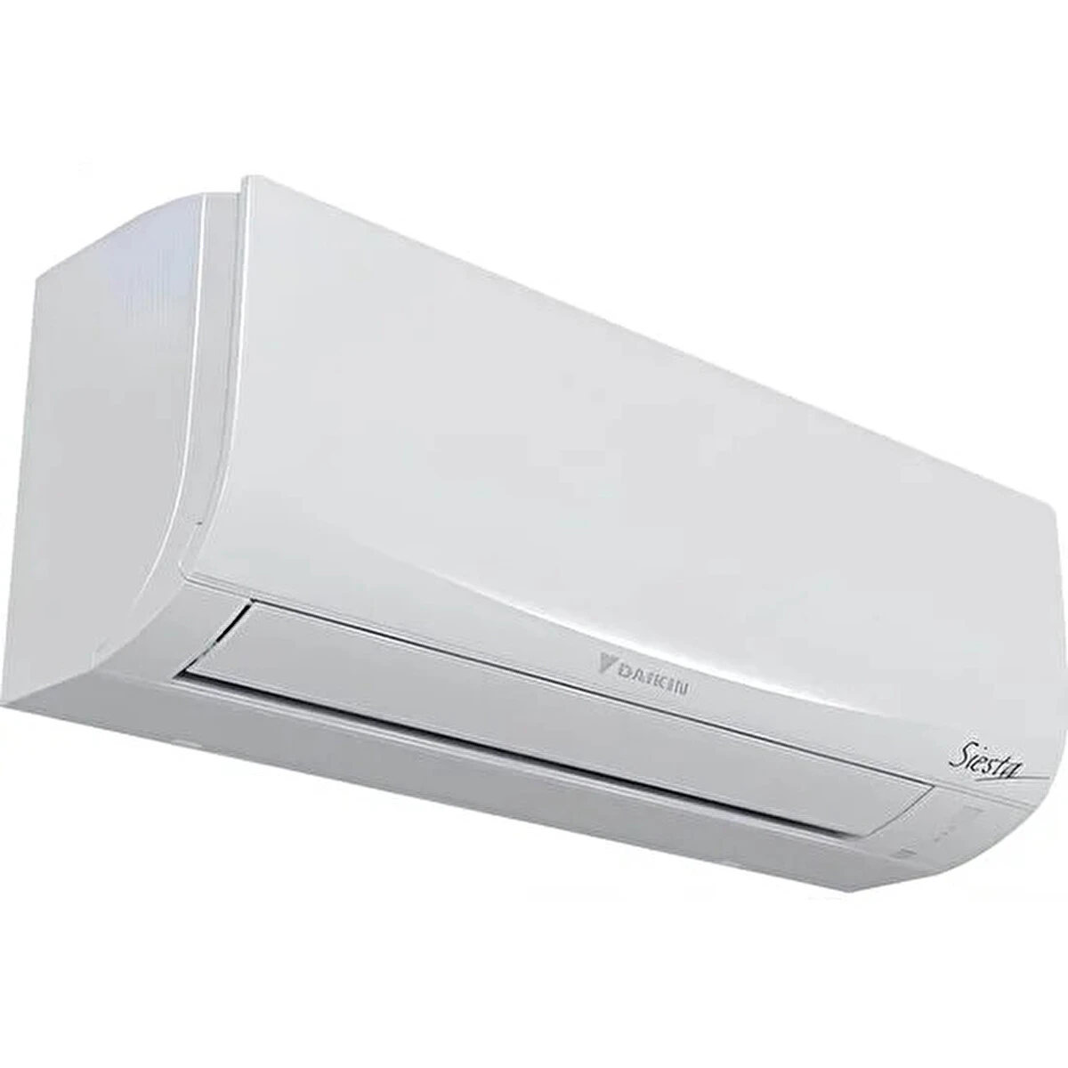 Beyaz Daikin Siesta klima. Duvara monte edilmiş ve kavisli bir tasarıma sahip.
