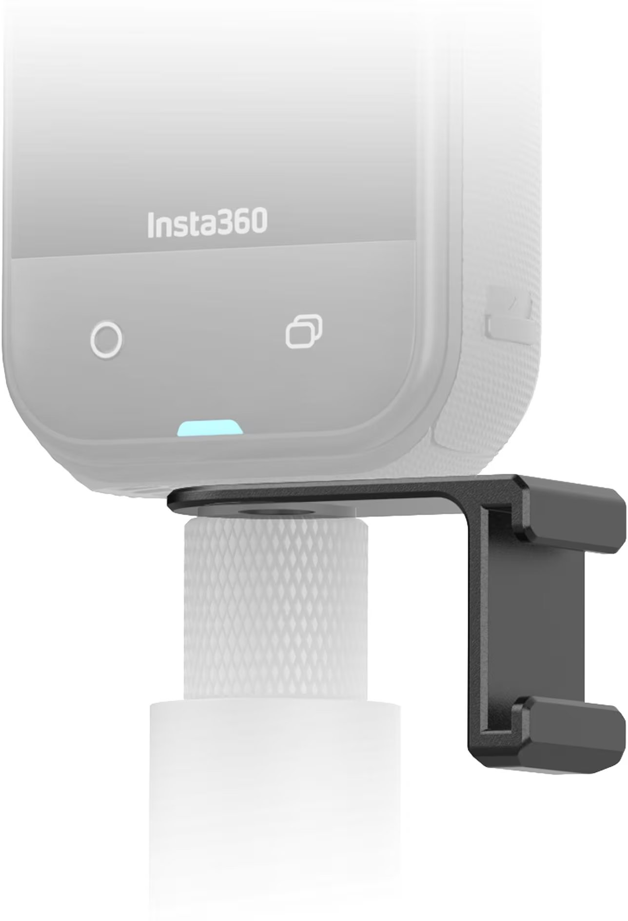 Ein schwarzer Insta360-Halterungsarm, der an einer Kamera befestigt ist.