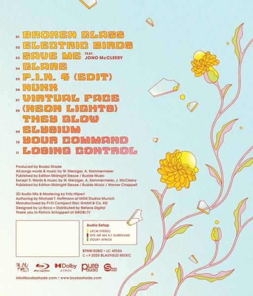 Albumcover mit Titelliste, Blumen und zerbrochenen Glasillustrationen auf hellblauem Hintergrund.
