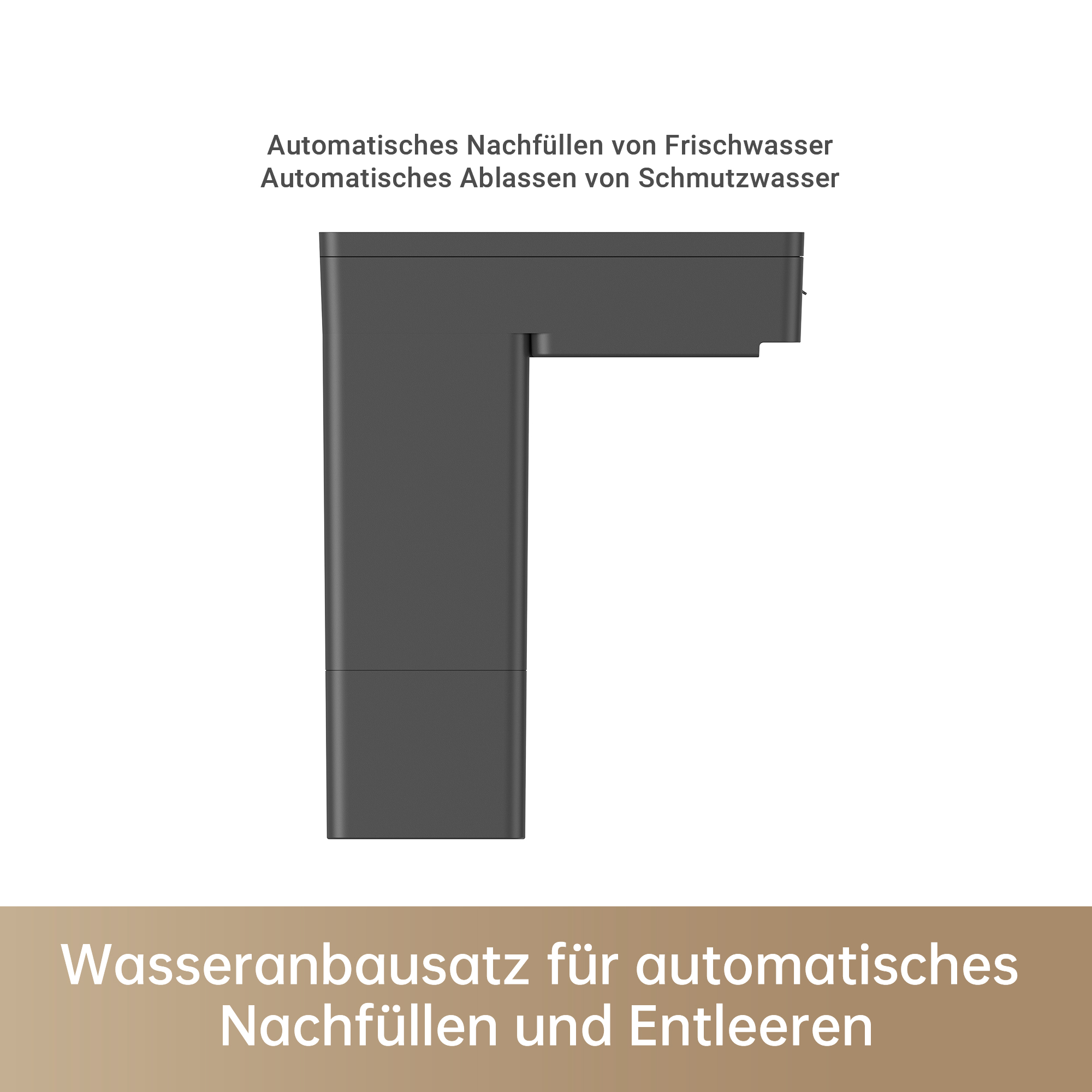 Eine graue, L-förmige Einheit mit Text und einem Hinweis auf automatisches Nachfüllen und Entleeren, auf beigem Grund.