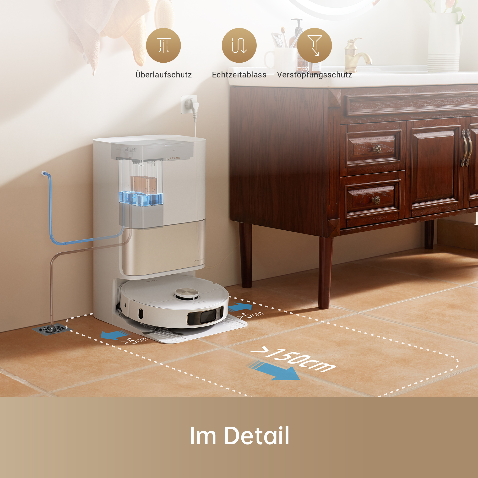 Ein Roboter-Staubsauger und ein Wasser-Management-System im Detail, mit Symbolen und Messlinien im Badezimmer.