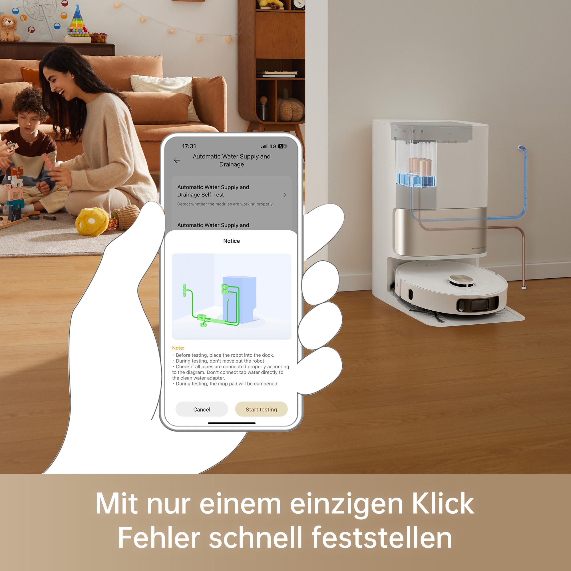 Eine Hand hält ein Smartphone mit einer App, die die automatische Wasserversorgung und -entleerung des Roboters zeigt.