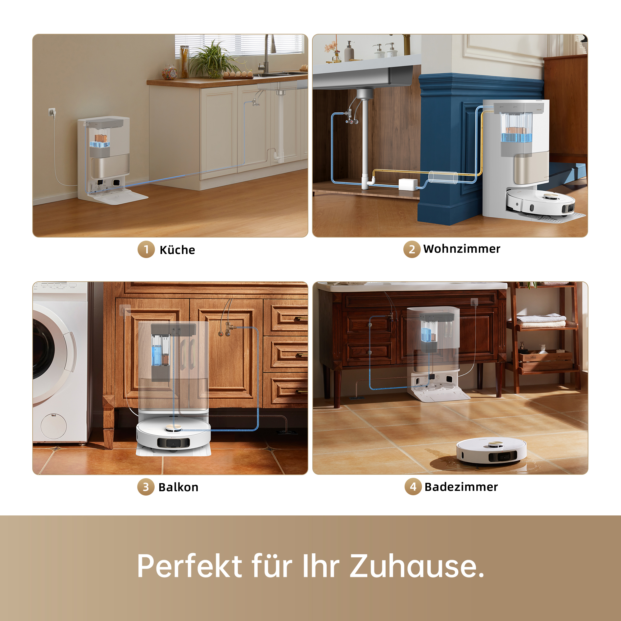 Vier Szenen, die den Roboter-Staubsauger in verschiedenen Umgebungen zeigen: Küche, Wohnzimmer, Balkon und Badezimmer.