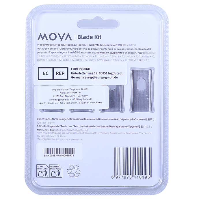 Rückseite der MOVA-Klingenverpackung mit Text.