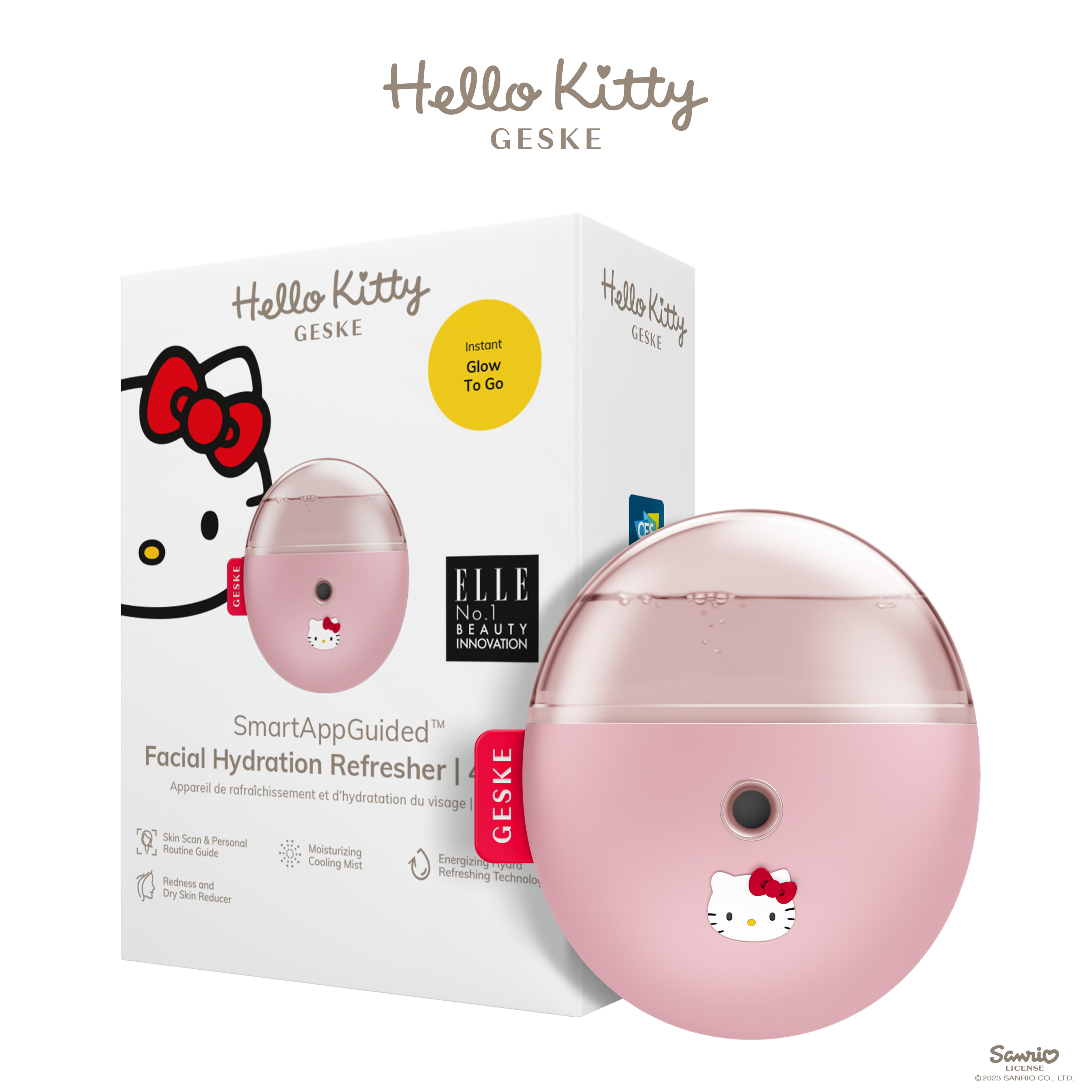 Pembe Hello Kitty Geske yüz nemlendirici, ambalaj ve metin ile.