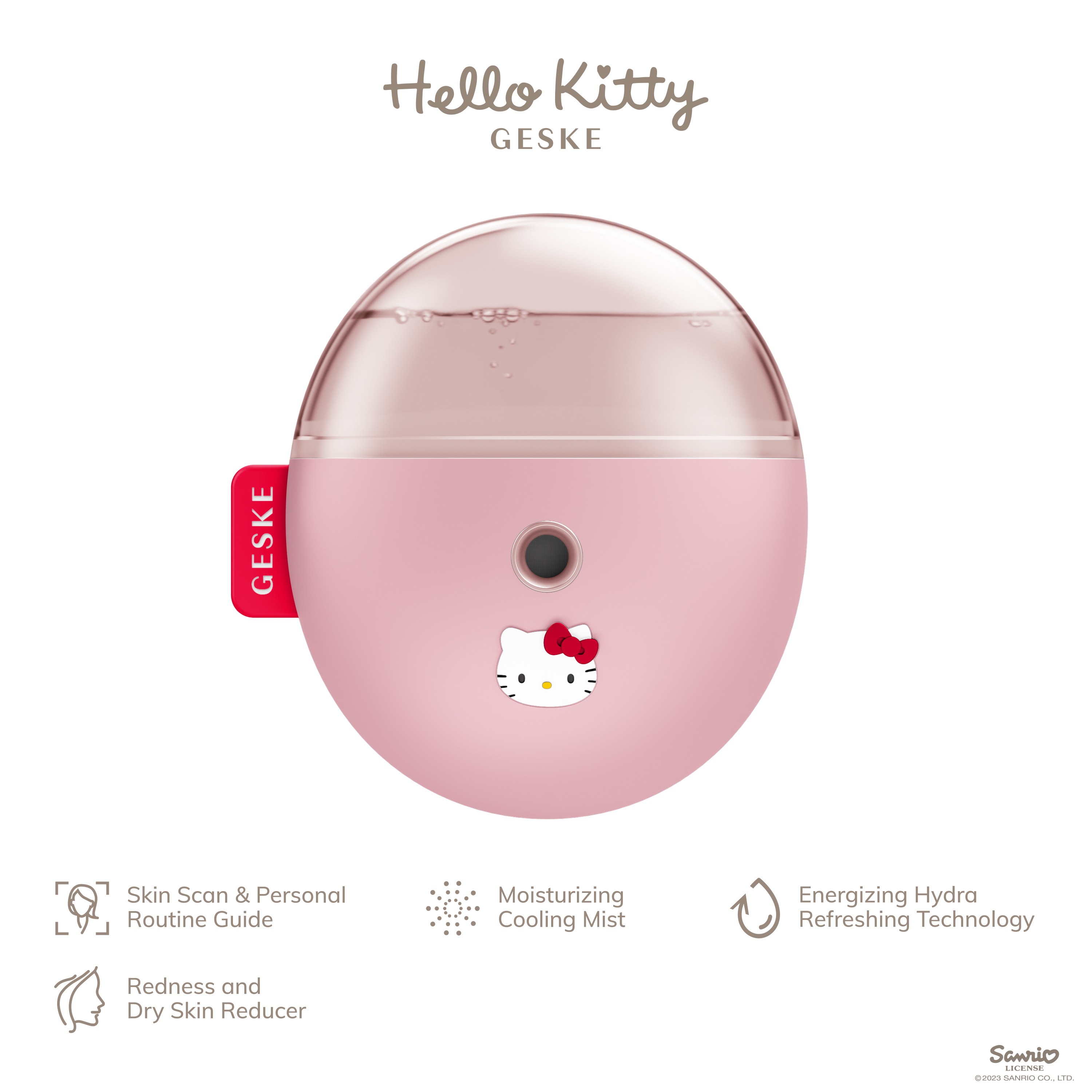 Pembe Hello Kitty Geske yüz nemlendirici, metin ve simgelerle.