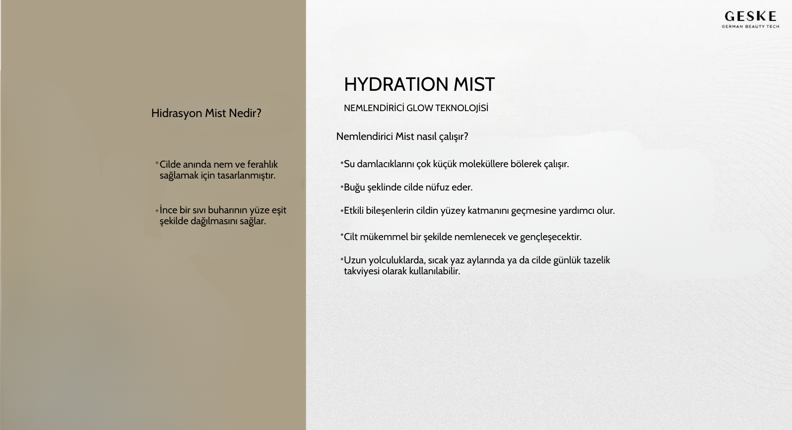 Hydration Mist hakkında, nasıl çalıştığı ve cilt için faydaları hakkında bilgi içeren bir sayfa.