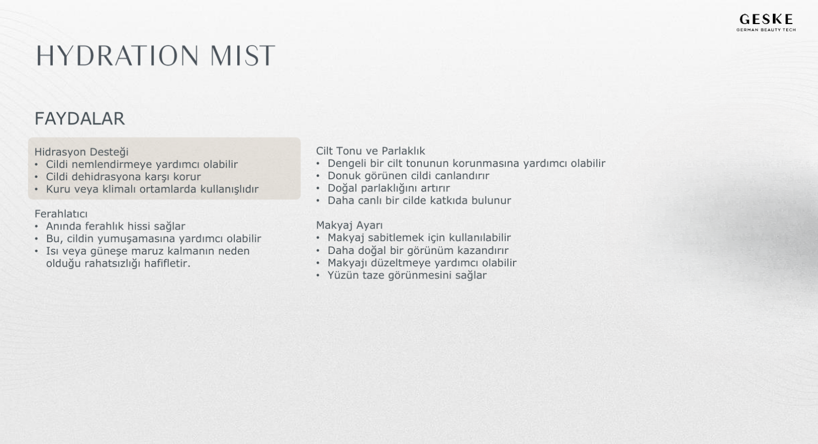 Hydration Mist'in faydaları hakkında, cilt nemlendirmeyi destekleme ve ferahlık sağlama dahil bir sayfa.