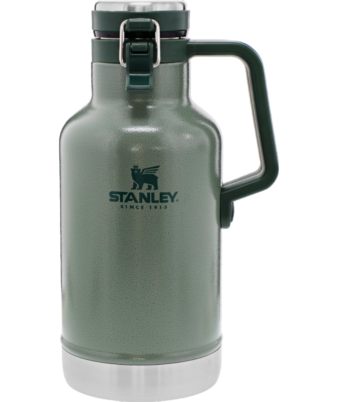 Yeşil bir Stanley growler şişesi, tutacağı ve kapağı var. Logo önde görünüyor.