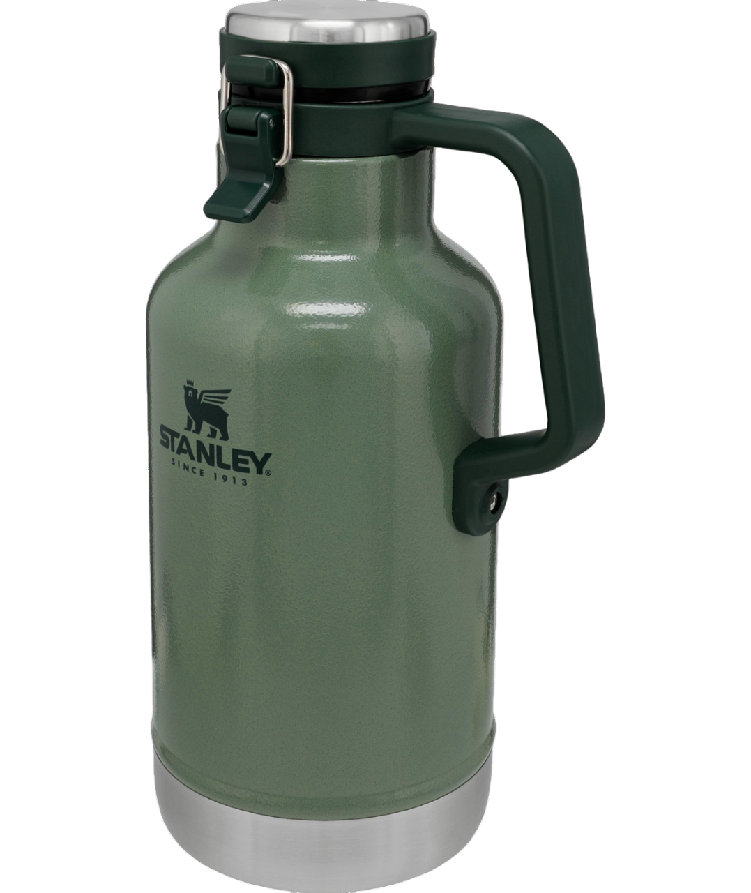 Yeşil bir Stanley growler şişesi, tutacağı ve kapağı var. Logo önde görünüyor.