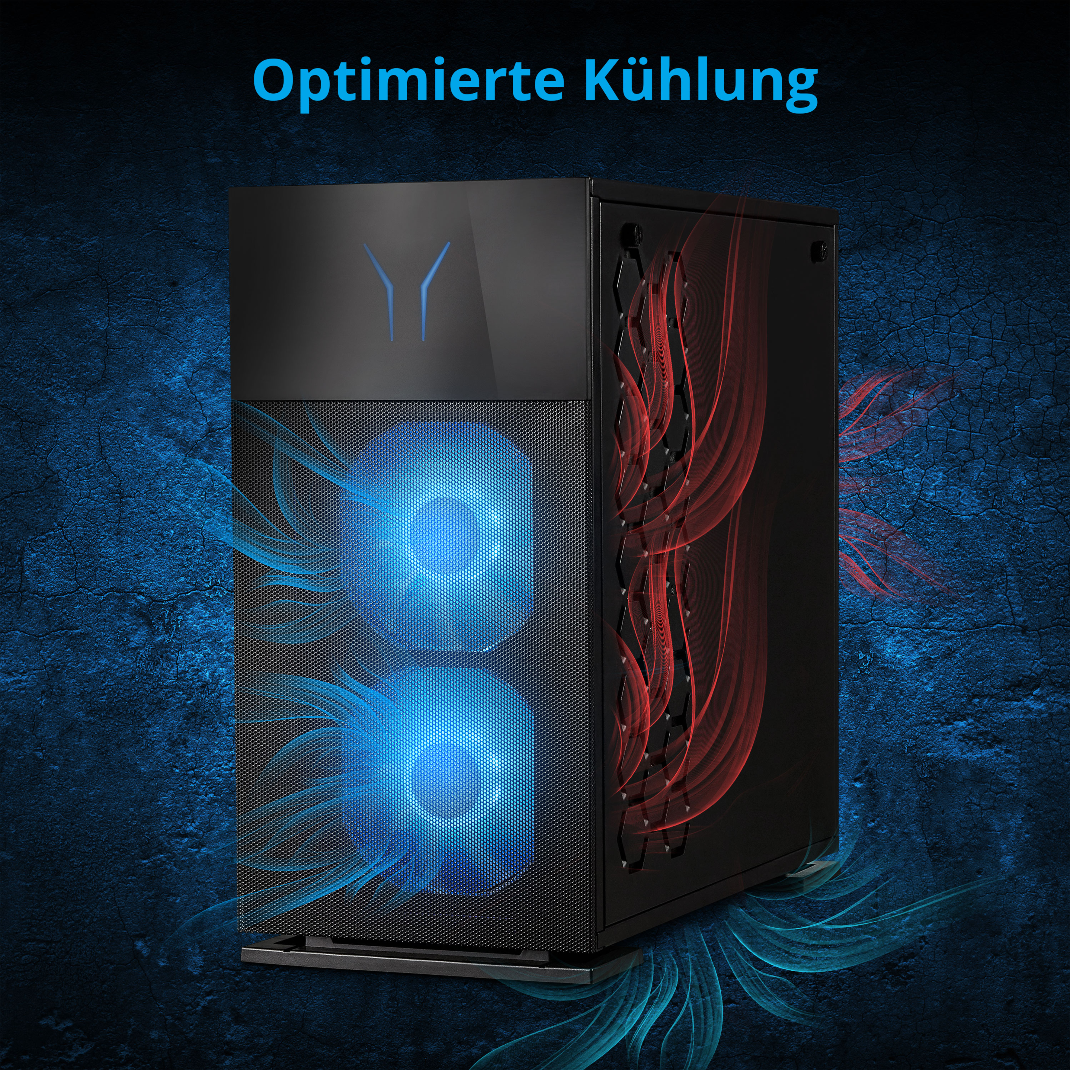 Ein PC-Tower mit blauen LED-Lüftern. Der Hintergrund zeigt rote und blaue Lichteffekte.