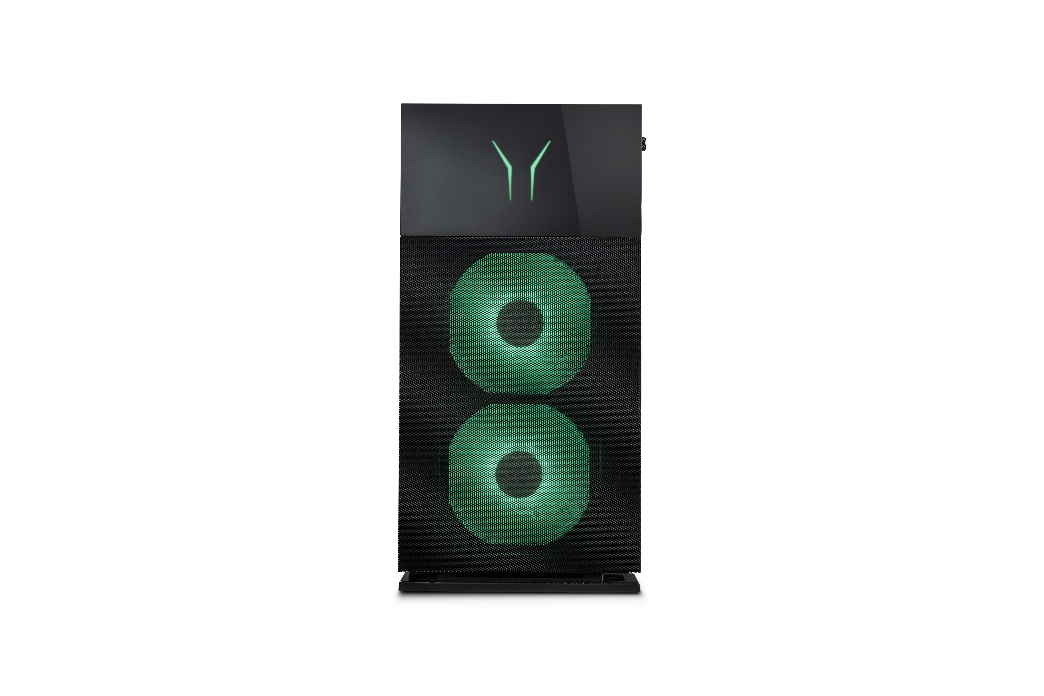 Ein schwarzer Computer-Tower mit grünen Lüftern und Logo. Hintergrund ist weiß.