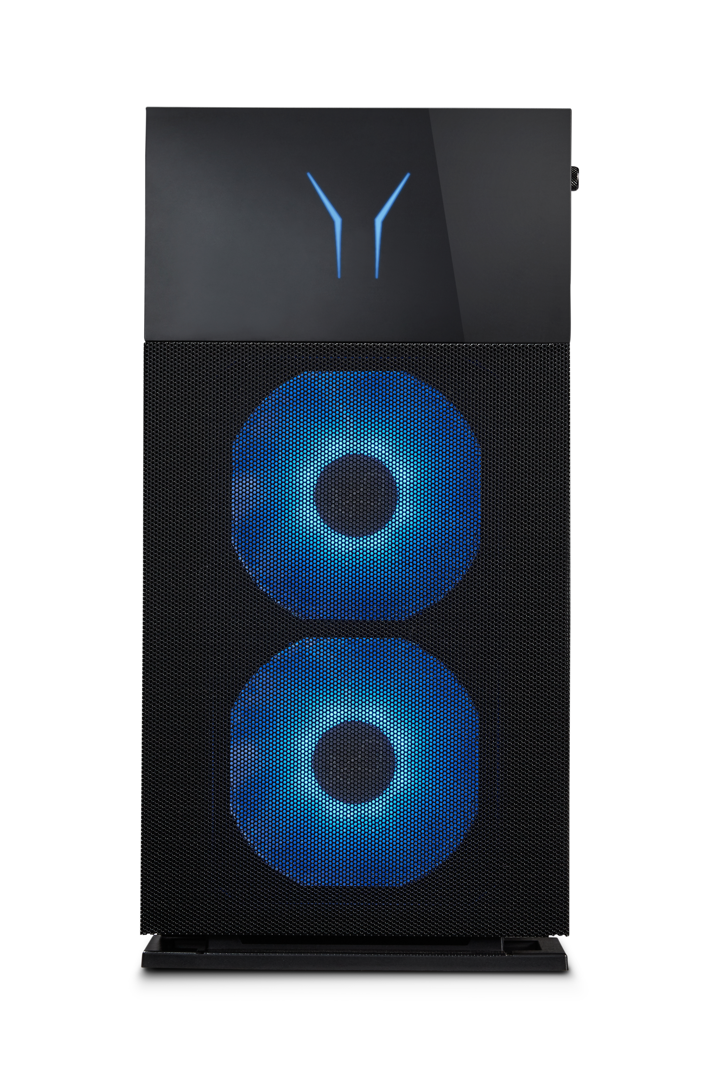 Ein schwarzer Computer-Tower mit blauen Lüftern und Logo. Hintergrund ist weiß.