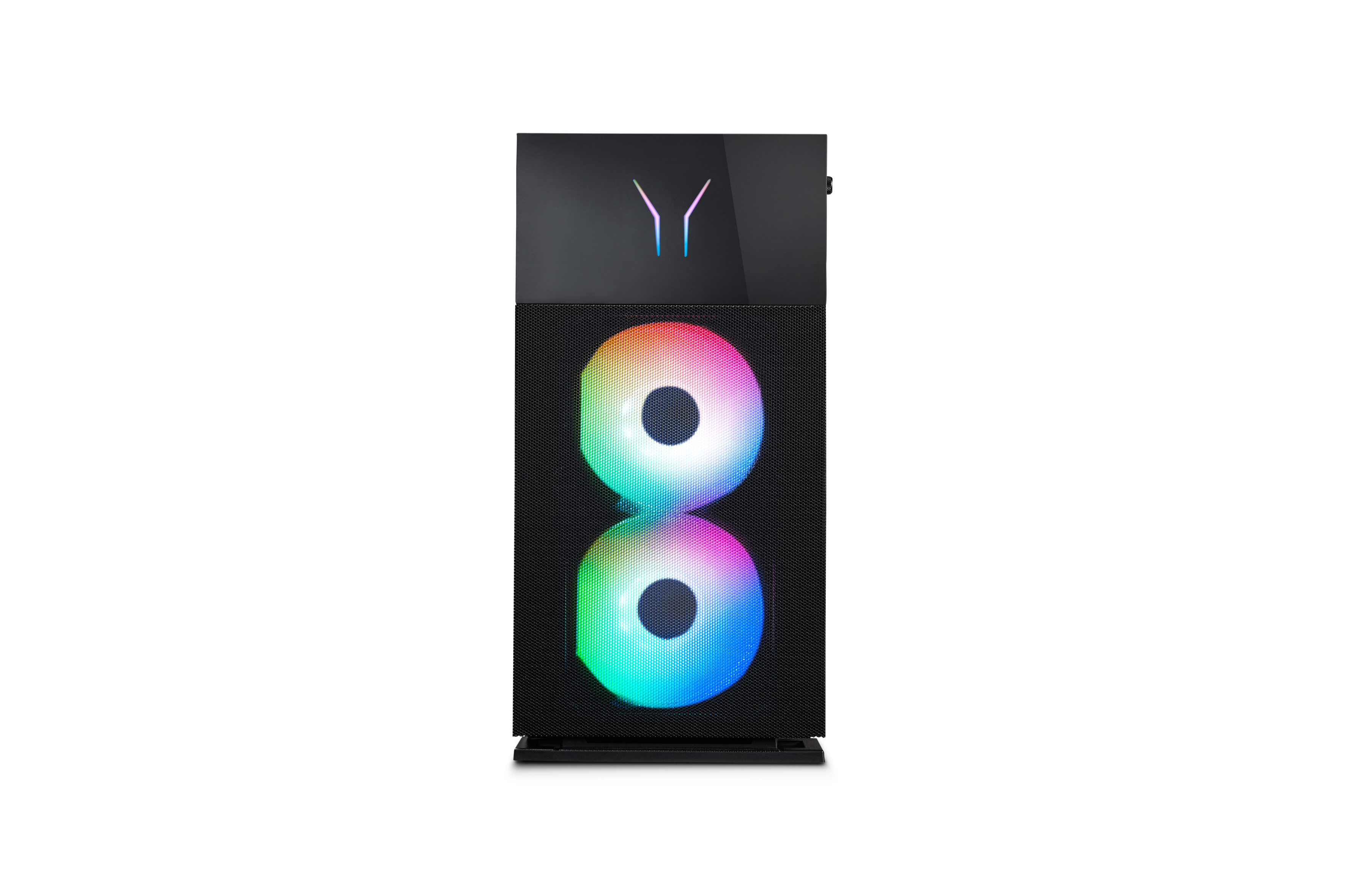 Ein schwarzer Computer-Tower mit bunten Lüftern und Logo. Hintergrund ist weiß.