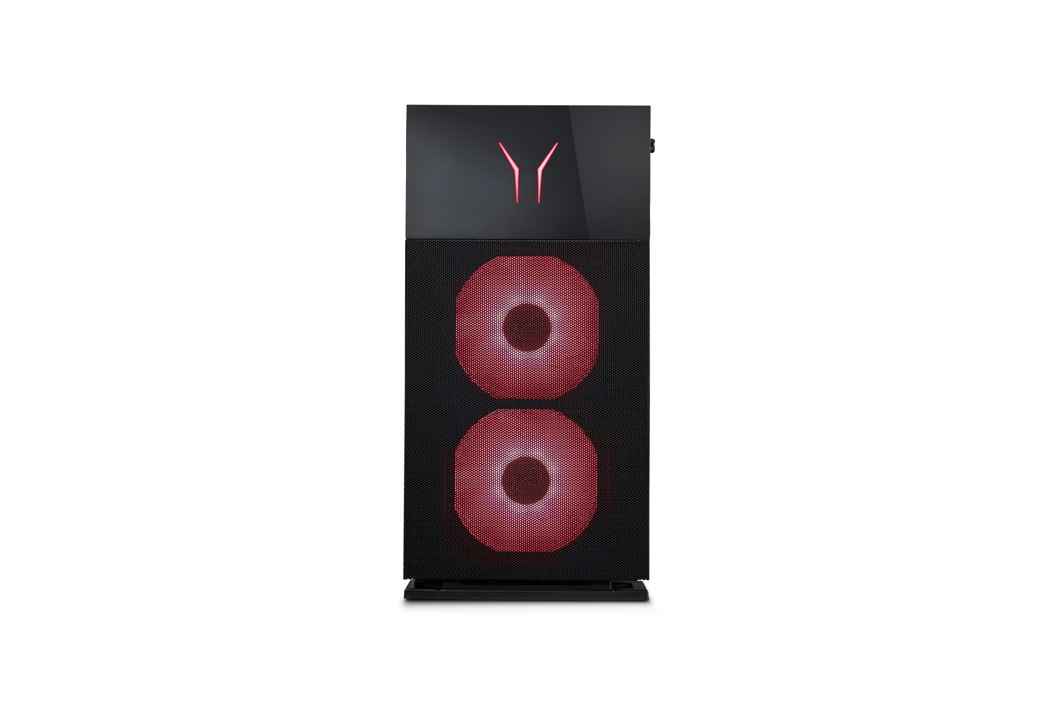 Ein schwarzer Computer-Tower mit roten Lüftern und Logo. Hintergrund ist weiß.