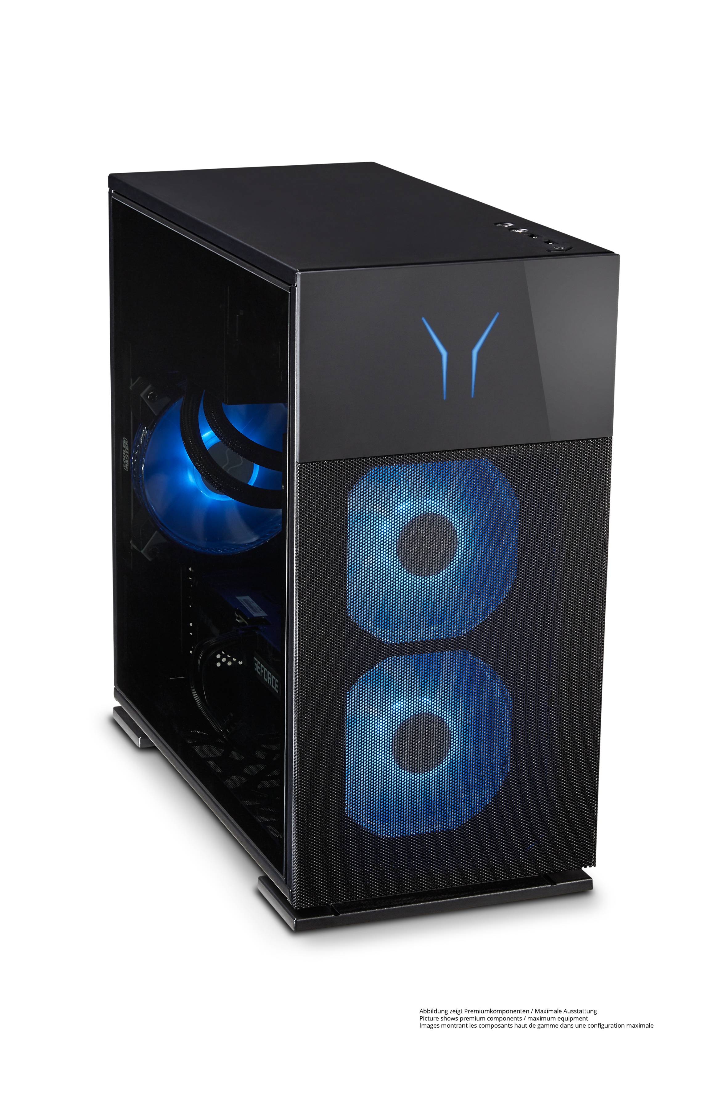 Ein schwarzer Computer-Tower mit blauen Lüftern, Logo und Glasfront. Hintergrund ist weiß.