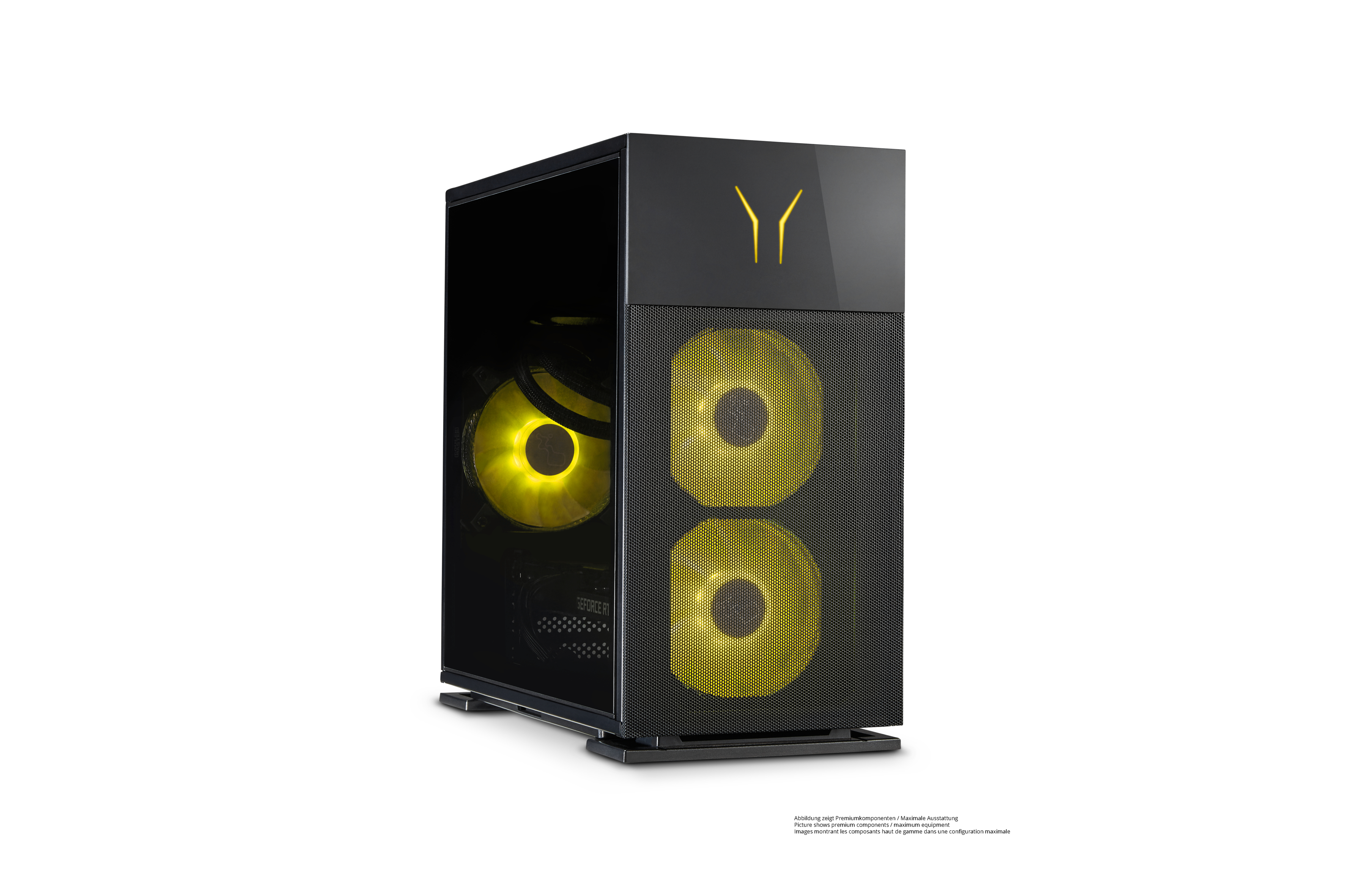 Ein schwarzer Computer-Tower mit gelben Lüftern, Logo und Glasfront. Hintergrund ist weiß.