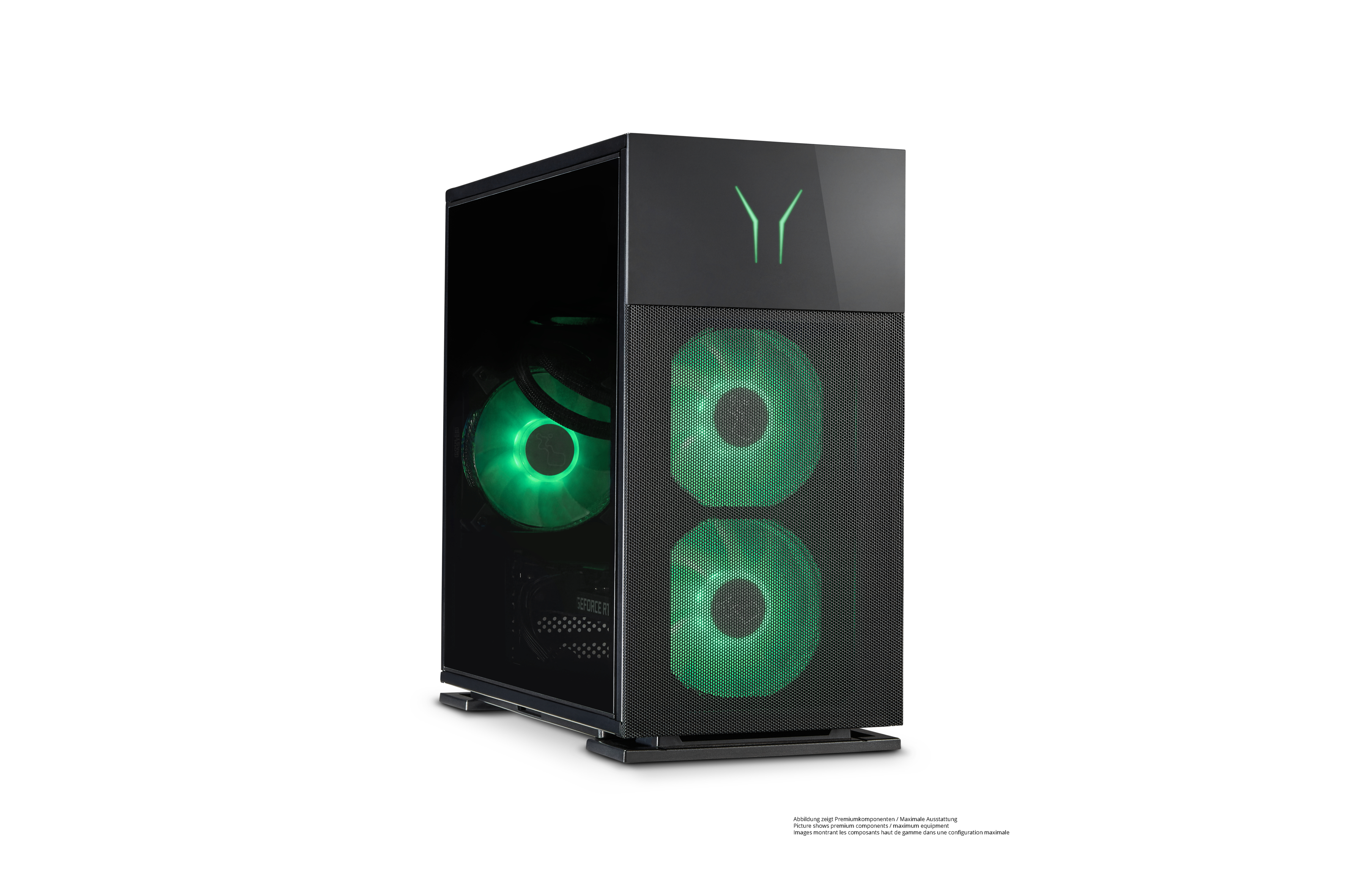 Ein schwarzer Computer-Tower mit grünen Lüftern, Logo und Glasfront. Hintergrund ist weiß.