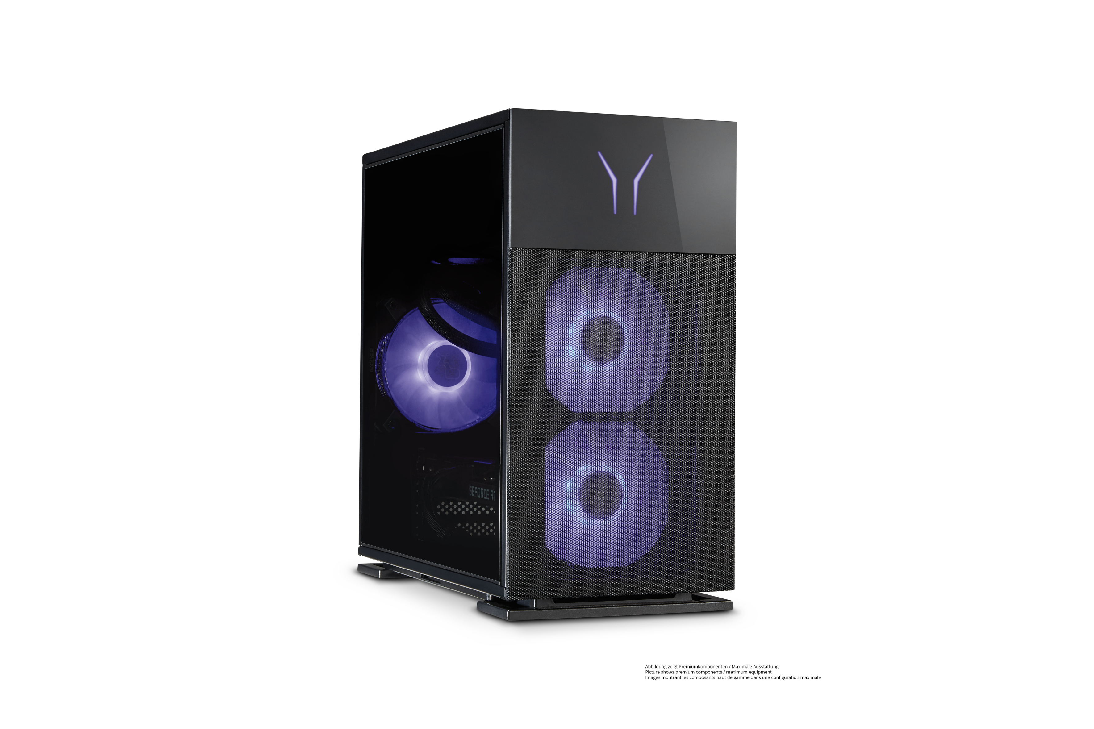 Ein schwarzer Computer-Tower mit lila Lüftern, Logo und Glasfront. Hintergrund ist weiß.