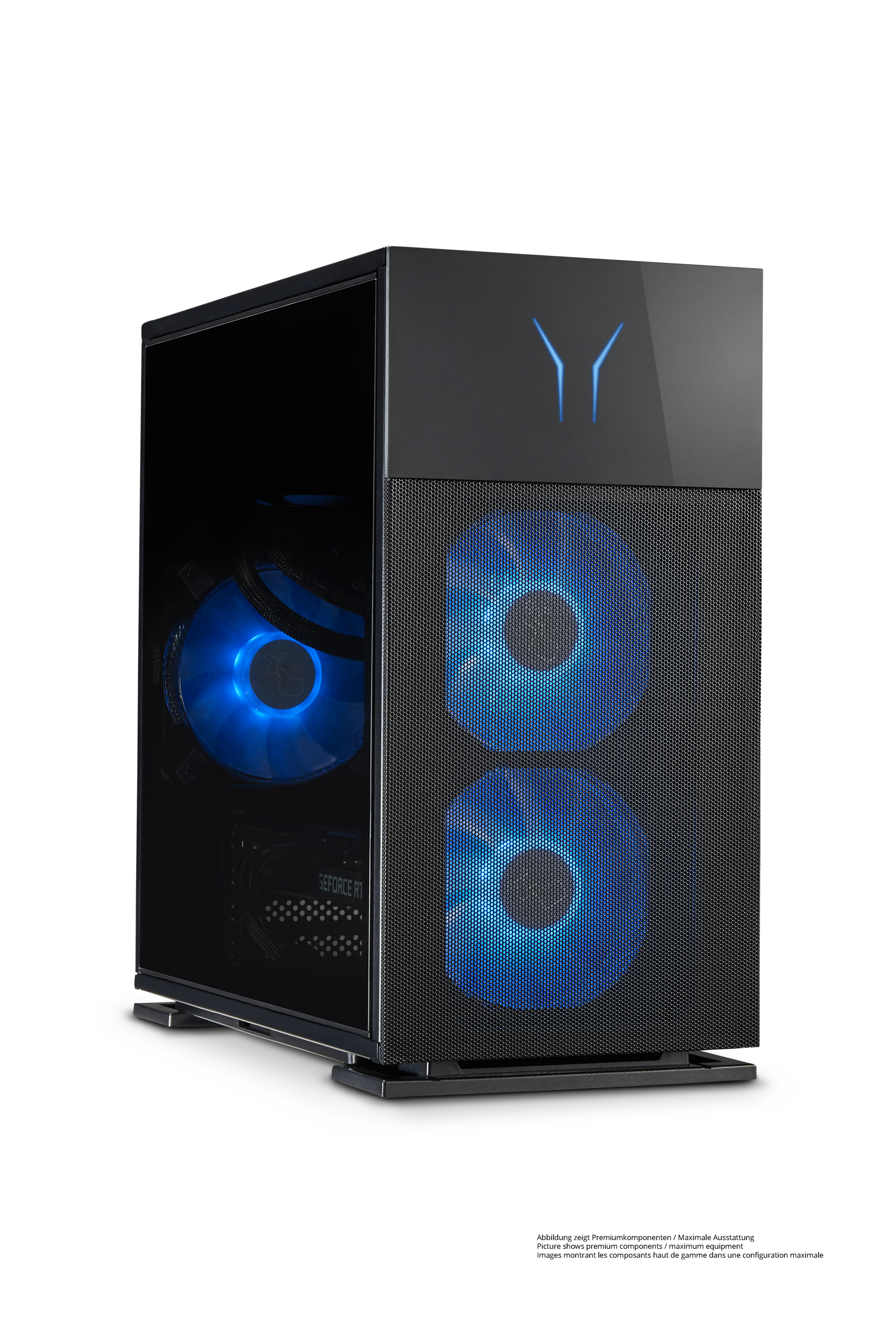 Ein schwarzer Computer-Tower mit blauen Lüftern, Logo und Glasfront. Hintergrund ist weiß.