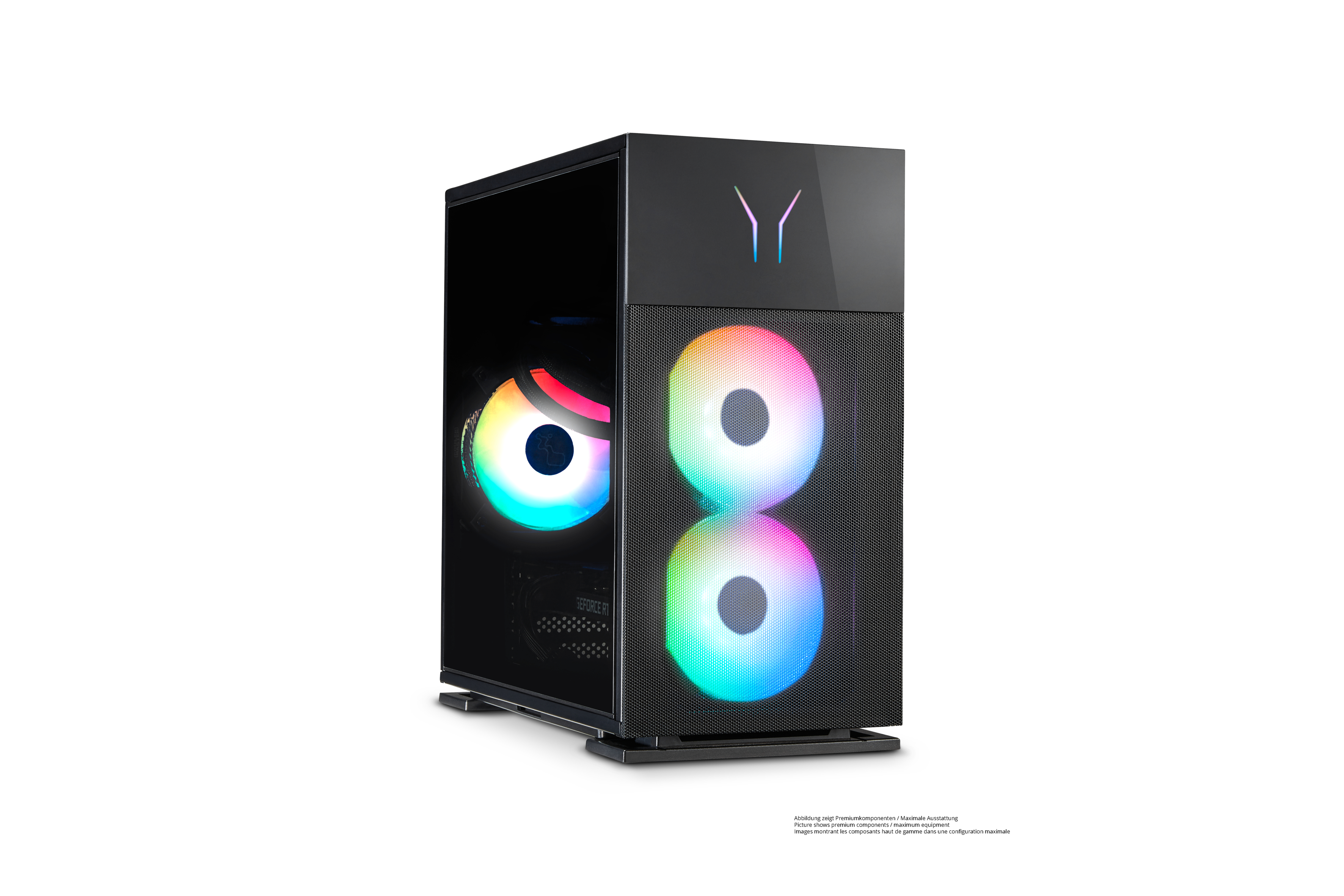 Ein schwarzer PC-Tower mit farbigen Lüftern und Logo. Auf weißem Hintergrund.