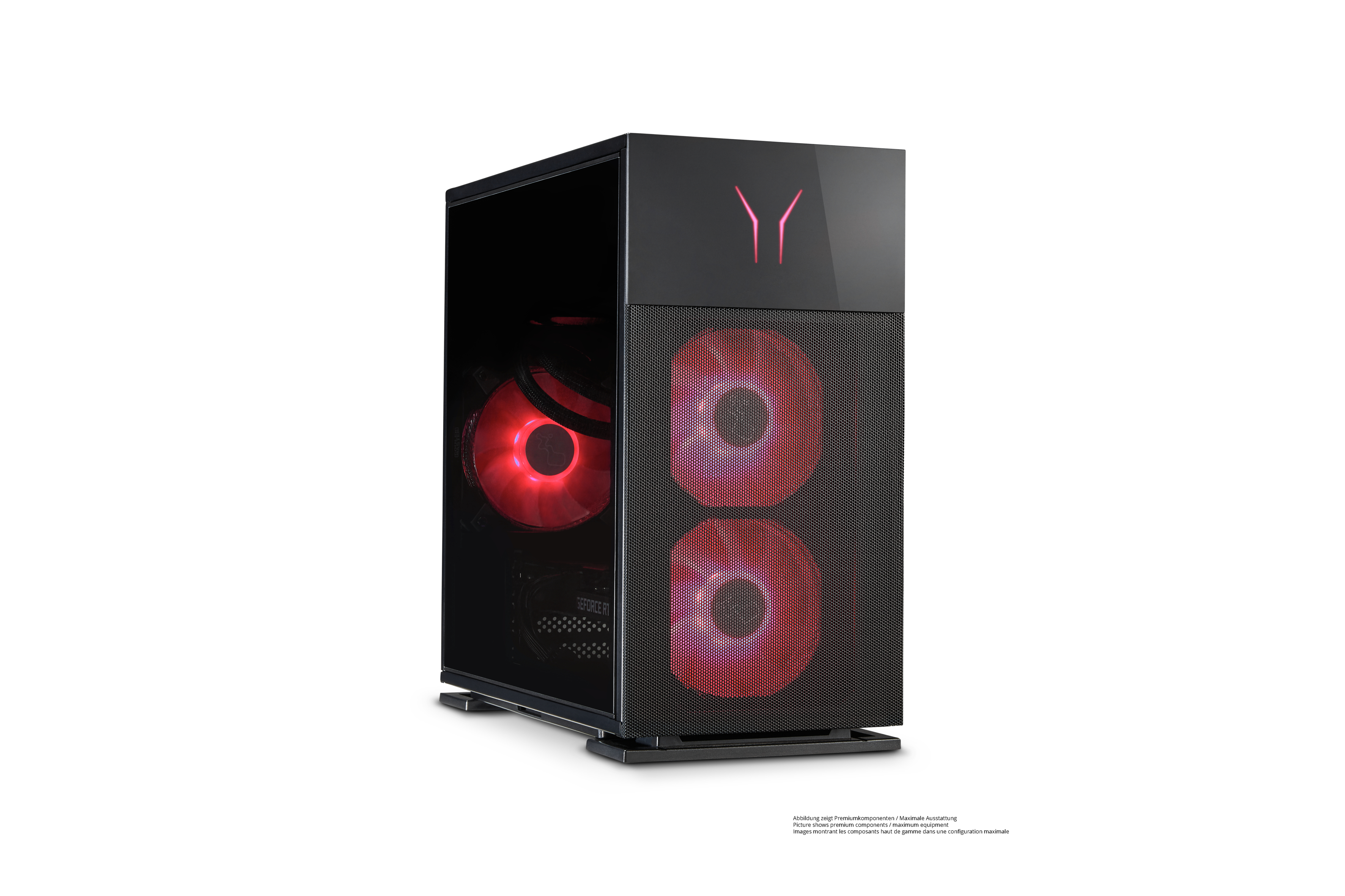 Schwarzer PC-Tower mit roten Lüftern und Logo. Auf weißem Hintergrund.