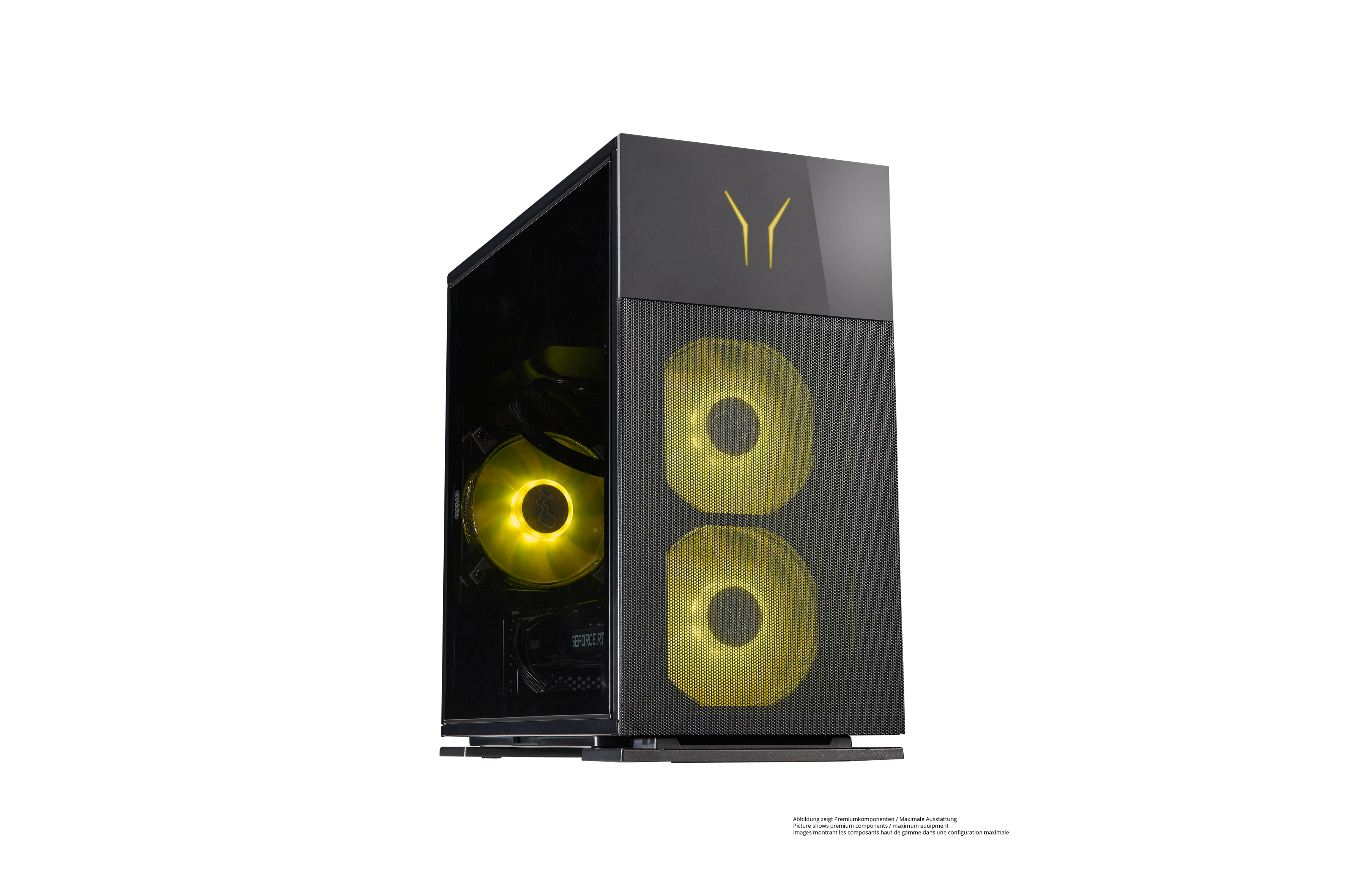 Schwarzer PC-Tower mit gelben Lüftern und Logo. Auf weißem Hintergrund.