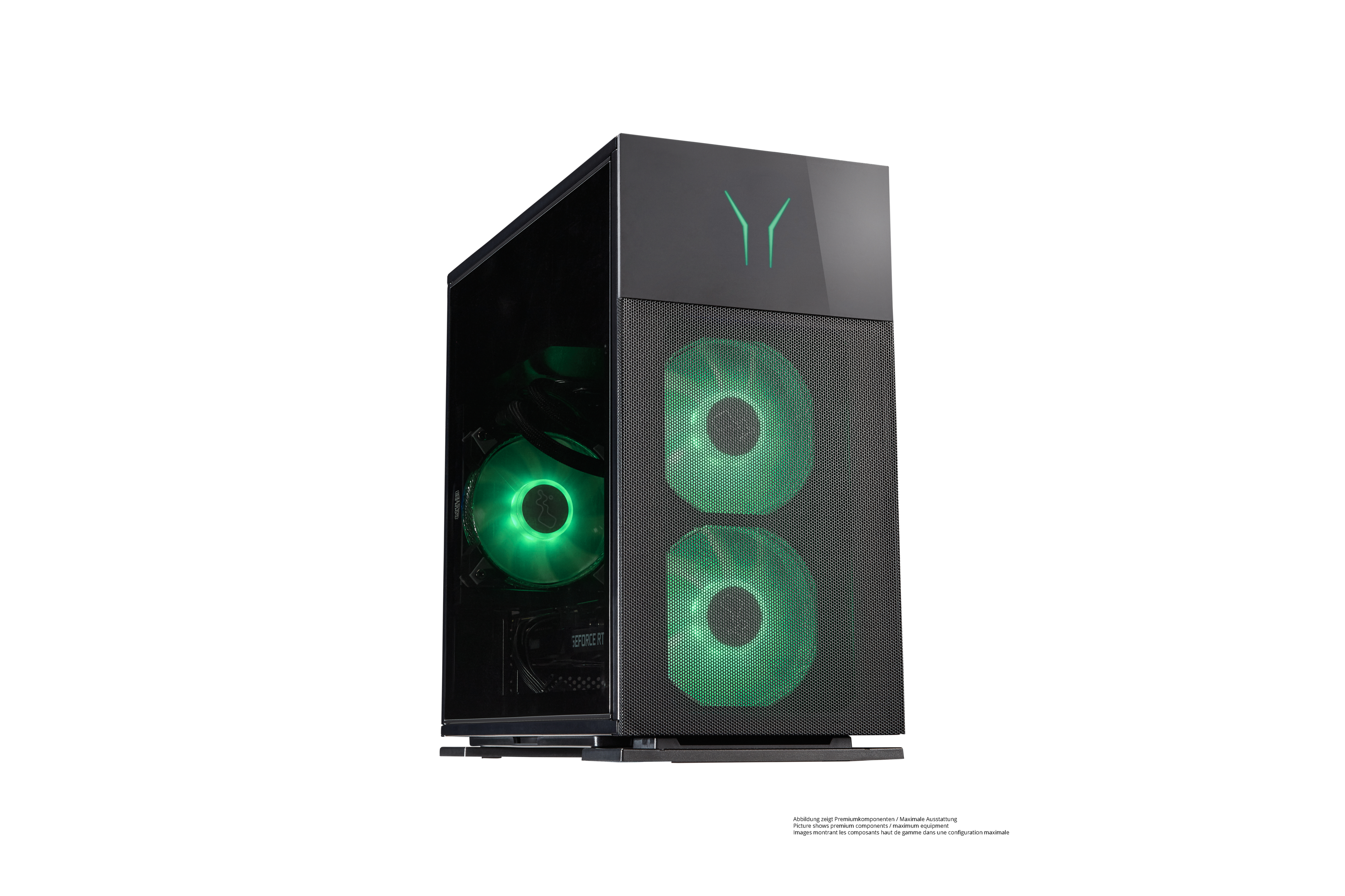 Schwarzer PC-Tower mit grünen Lüftern und Logo. Auf weißem Hintergrund.