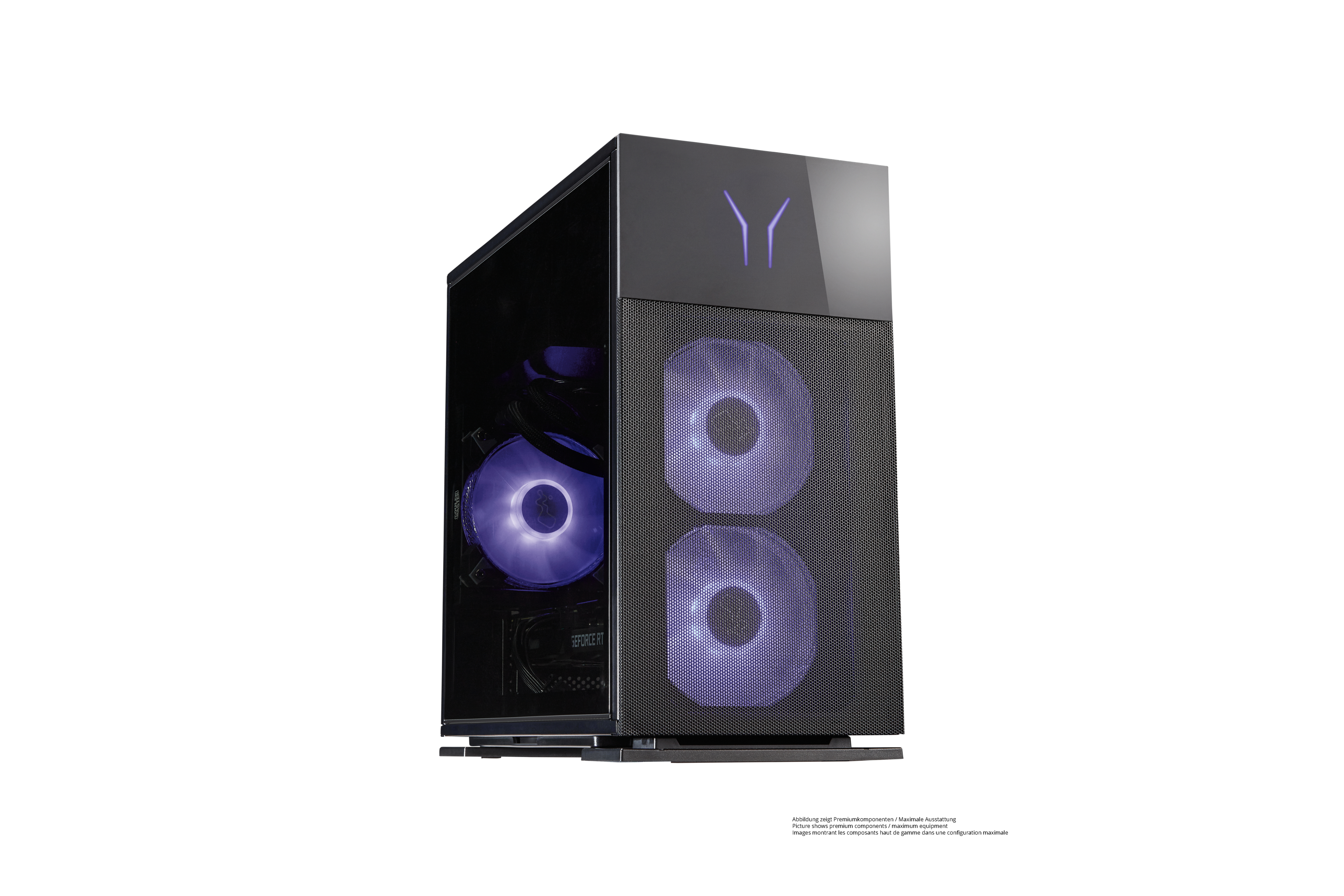 Schwarzer PC-Tower mit violetten Lüftern und Logo. Auf weißem Hintergrund.