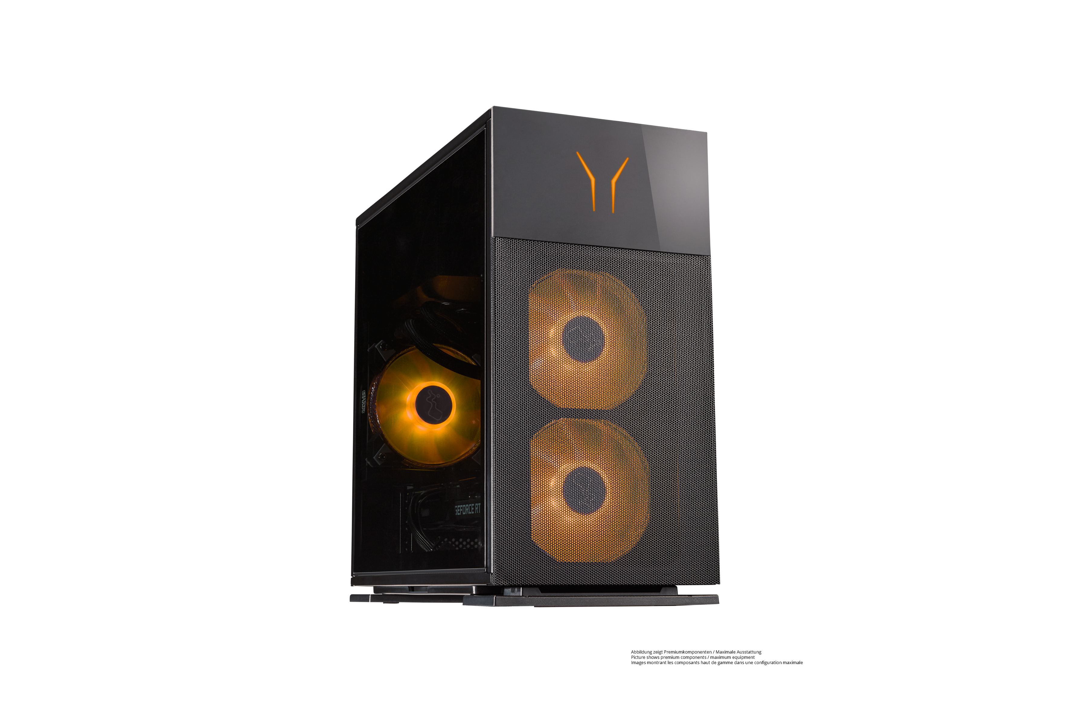 Schwarzer PC-Tower mit orangefarbenen Lüftern und Logo. Auf weißem Hintergrund.