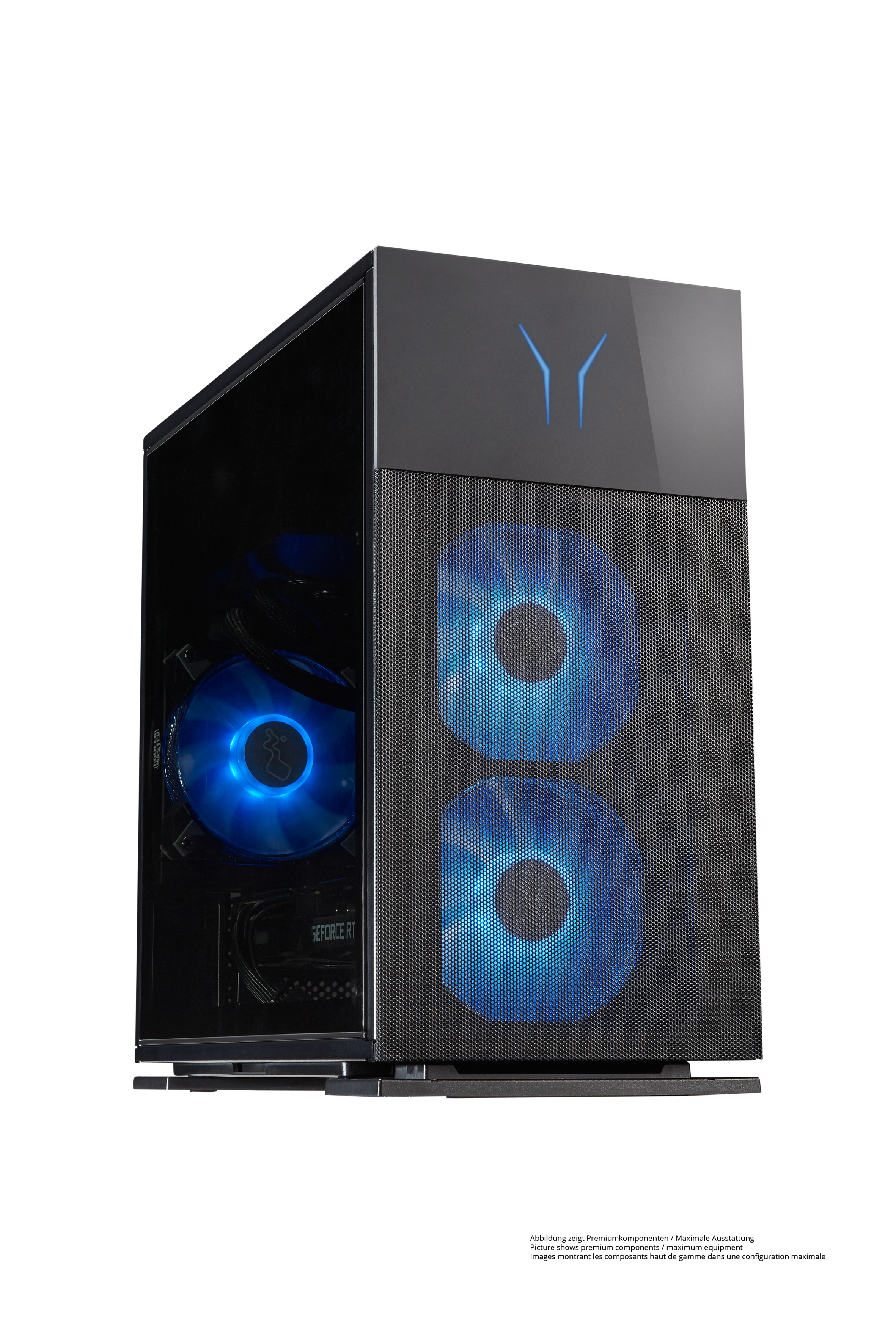 Schwarzer PC-Tower mit blauen Lüftern und Logo. Auf weißem Hintergrund.
