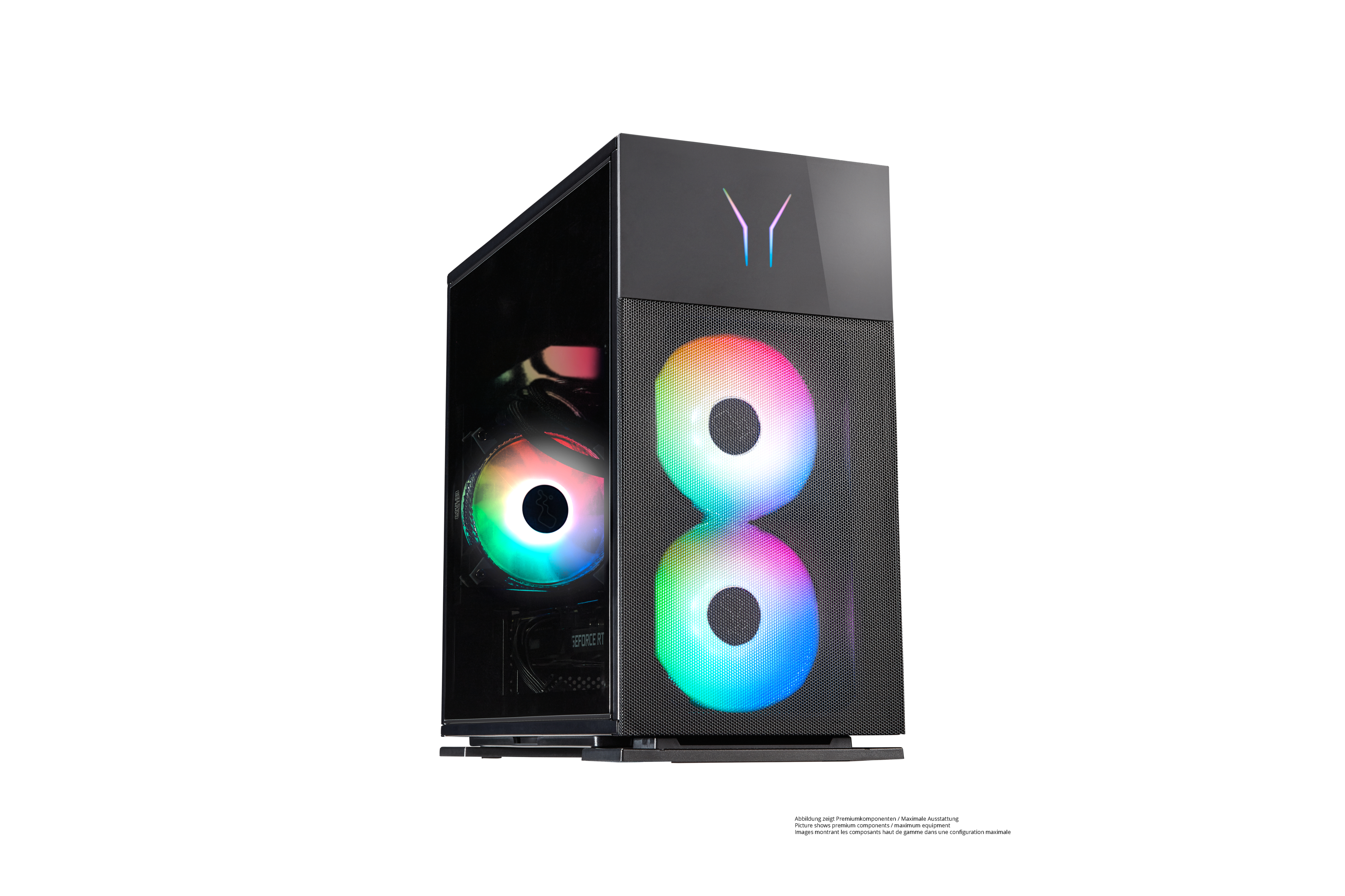 Schwarzer PC-Tower mit farbigen Lüftern und Logo. Auf weißem Hintergrund.
