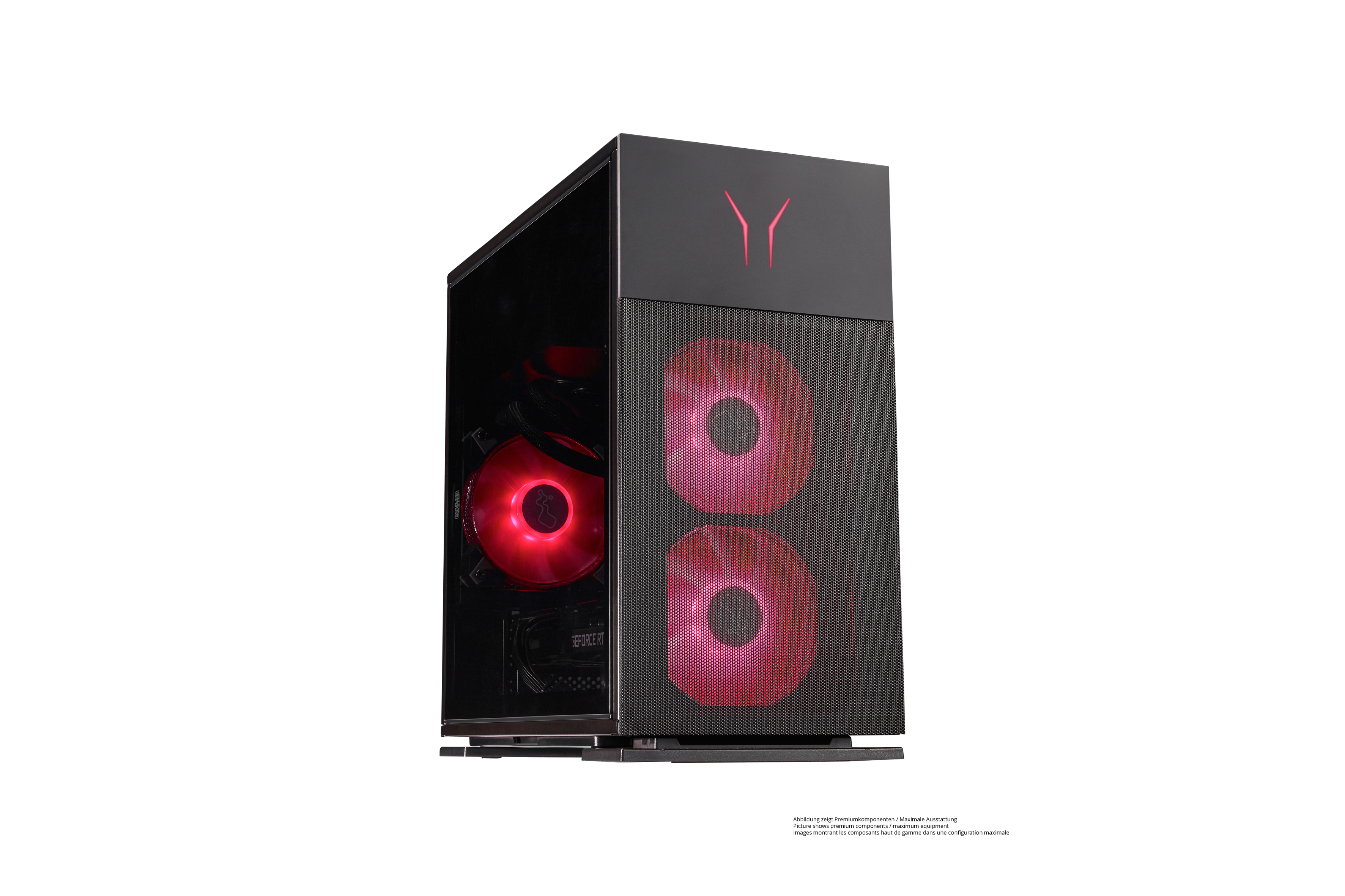 Schwarzer PC-Tower mit roten Lüftern und Logo. Auf weißem Hintergrund.