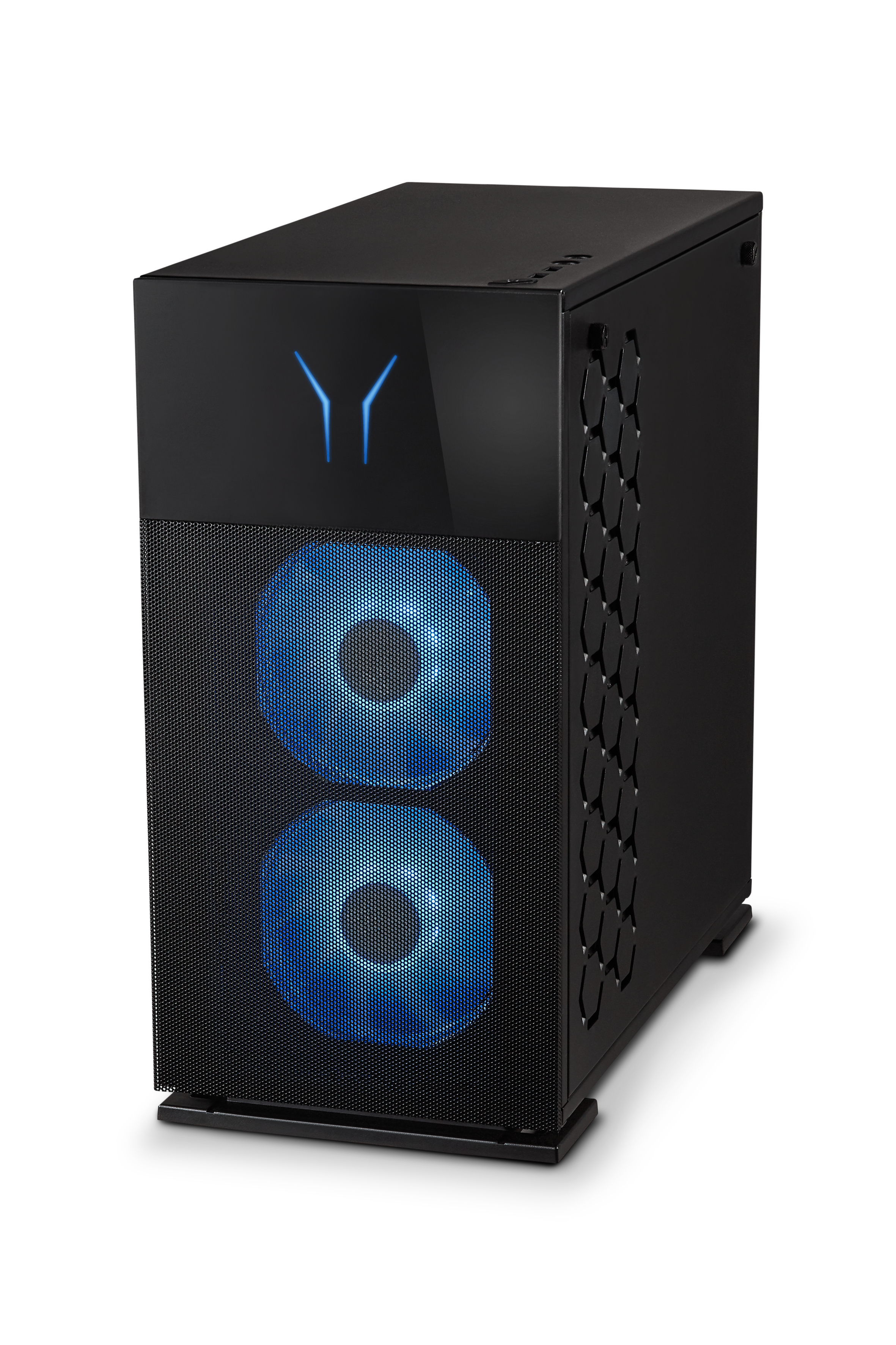 Schwarzer PC-Tower mit blauen Lüftern und Logo. Auf weißem Hintergrund.