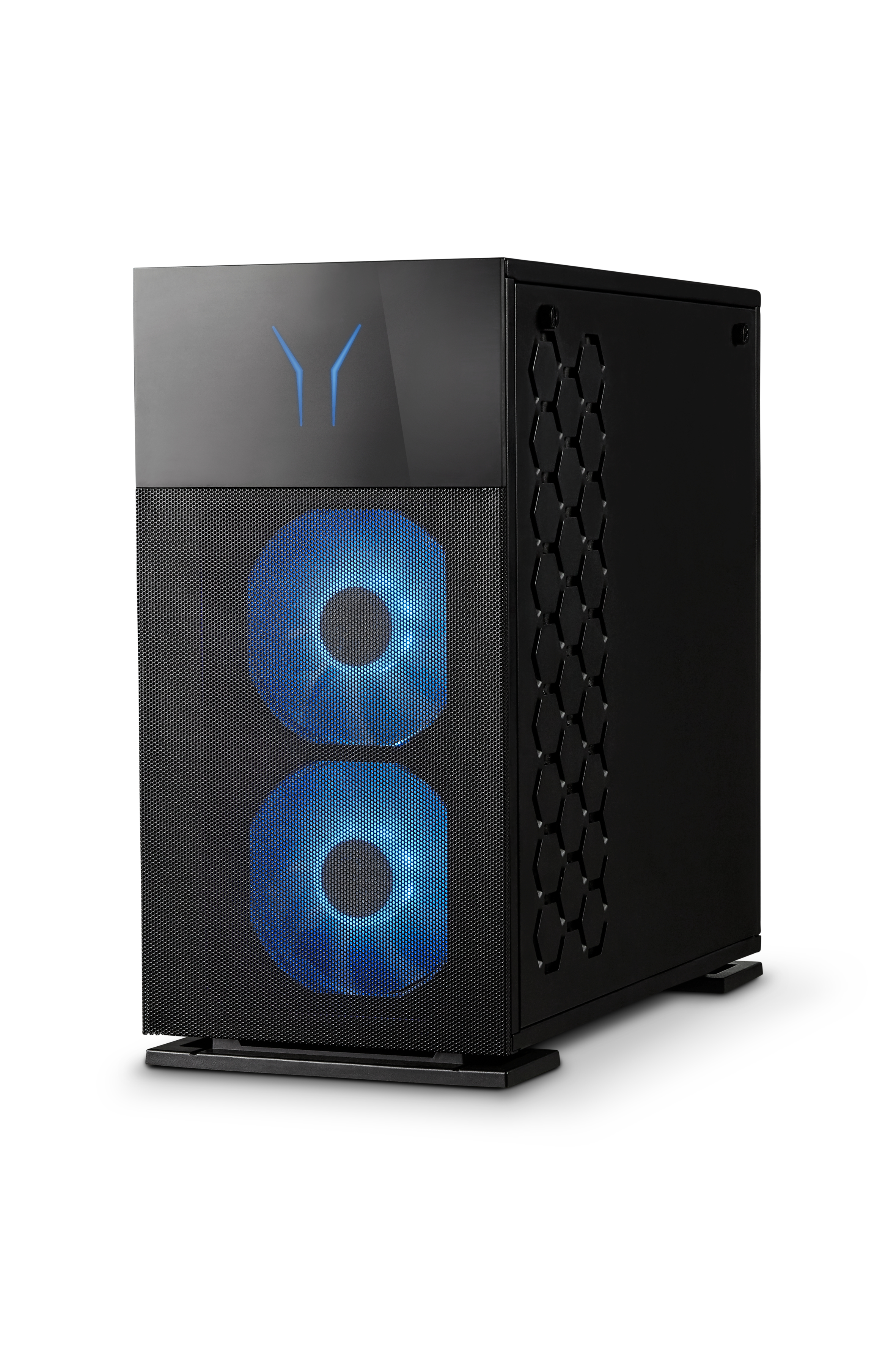 Schwarzer PC-Tower mit blauen Lüftern und Logo. Auf weißem Hintergrund.