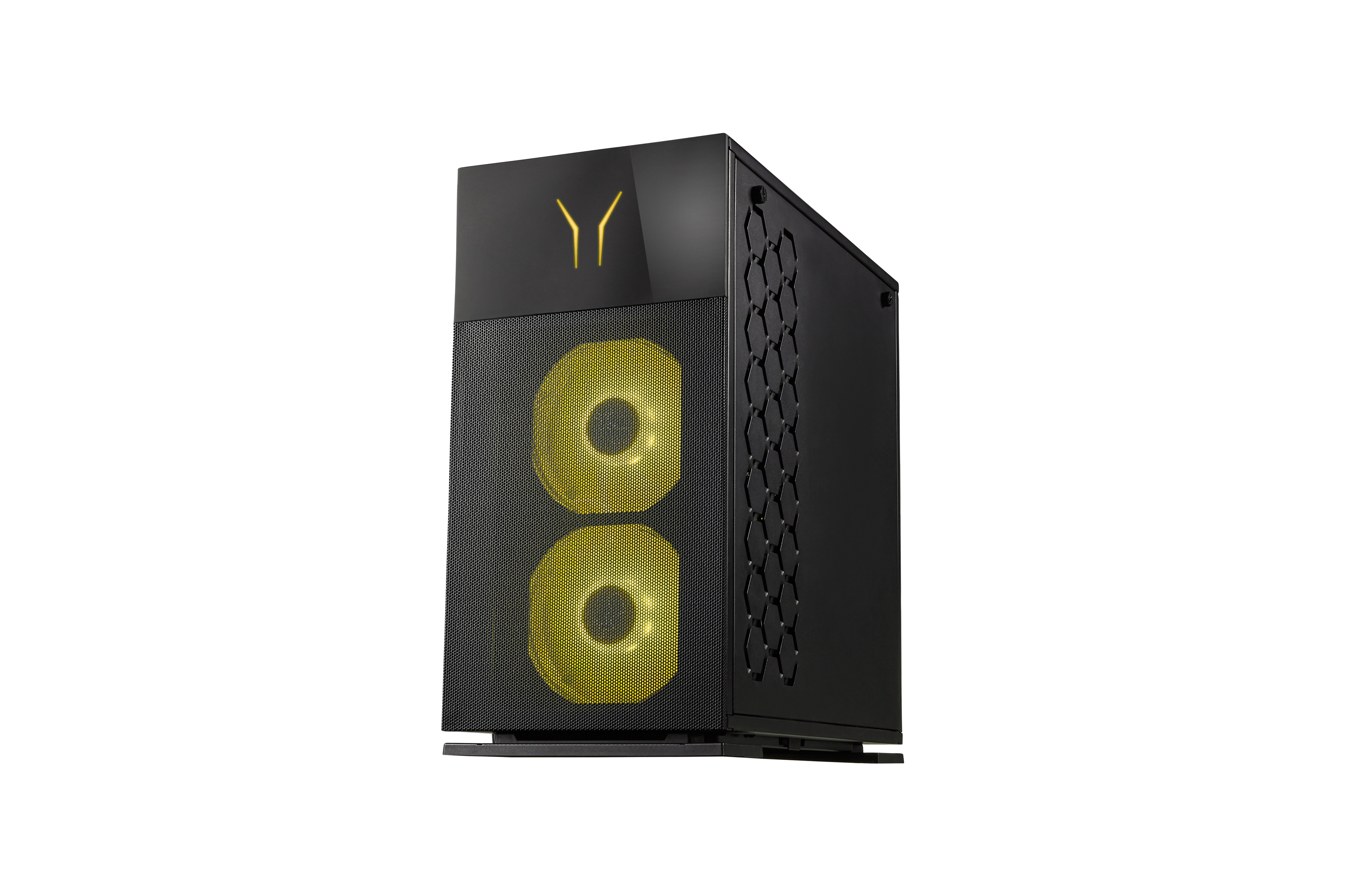 Schwarzer PC-Tower mit gelben Lüftern und Logo. Auf weißem Hintergrund.