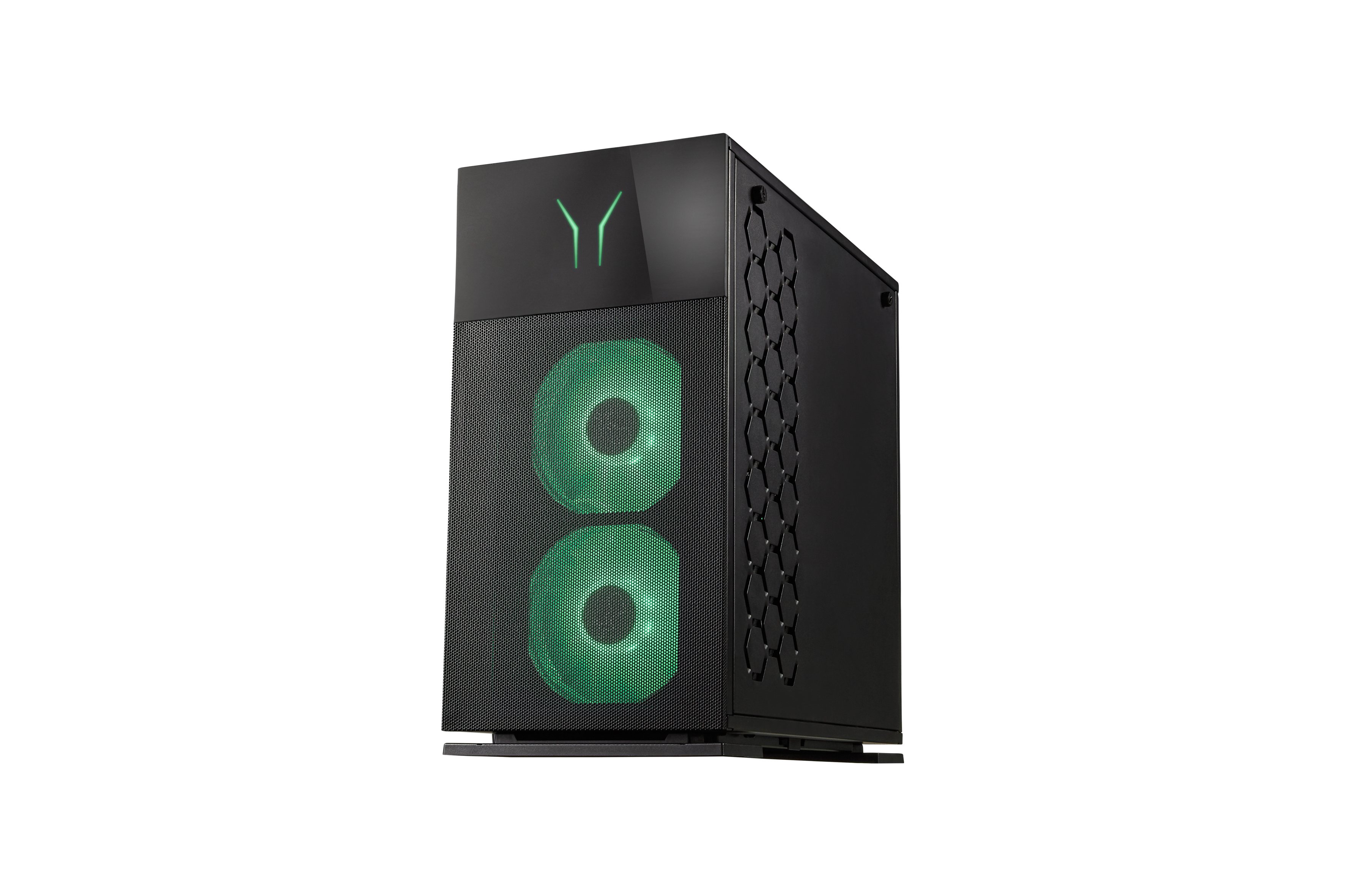 Schwarzer PC-Tower mit grünen Lüftern und Logo. Auf weißem Hintergrund.