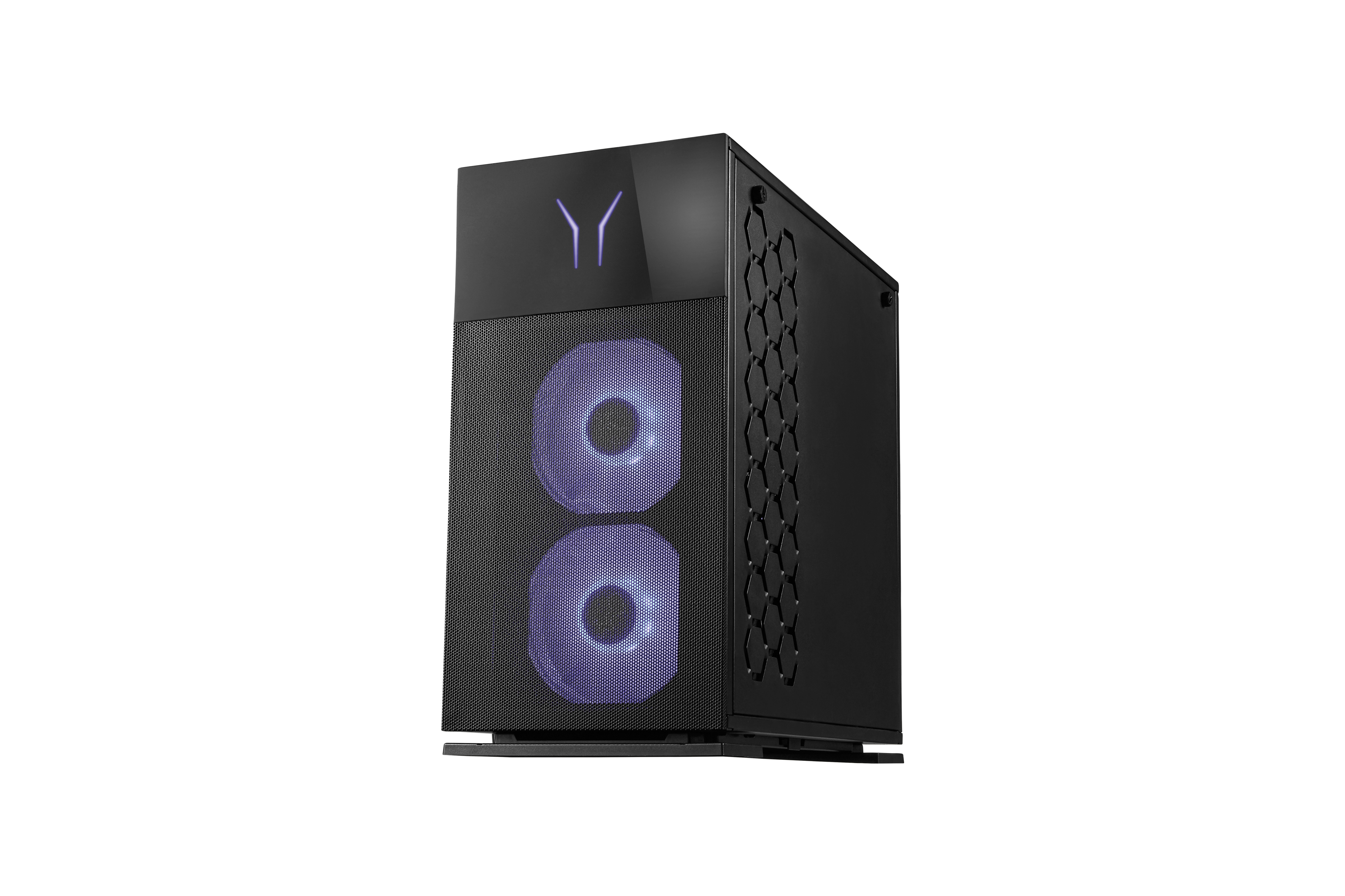 Schwarzer PC-Tower mit violetten Lüftern und Logo. Auf weißem Hintergrund.