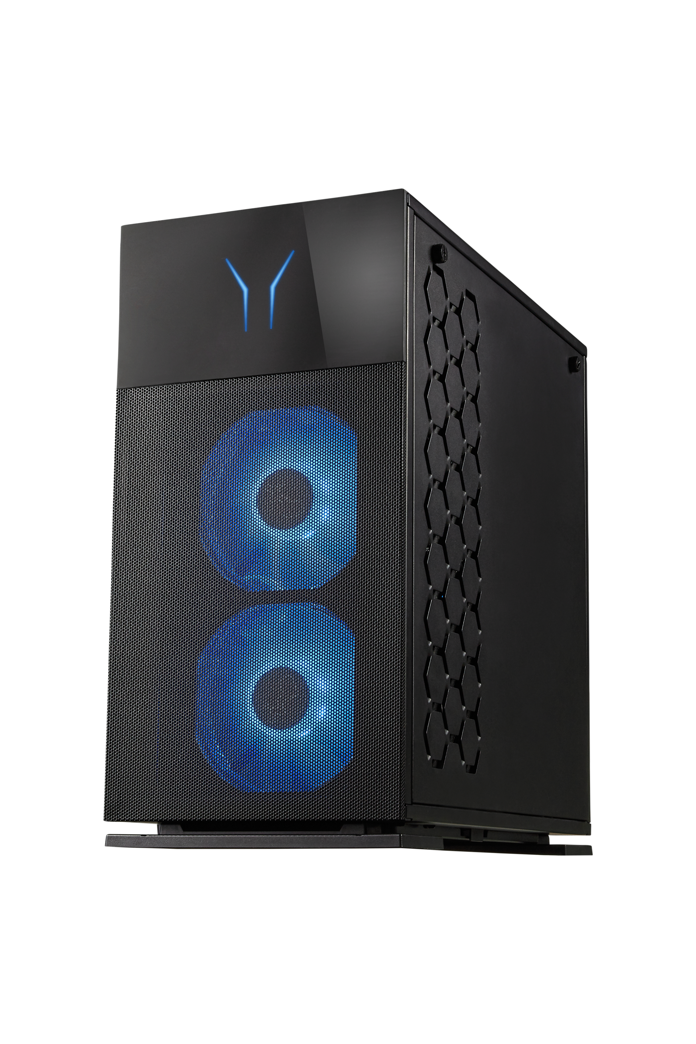 Schwarzer PC-Tower mit blauen LED-Lüftern und einem markanten Design.