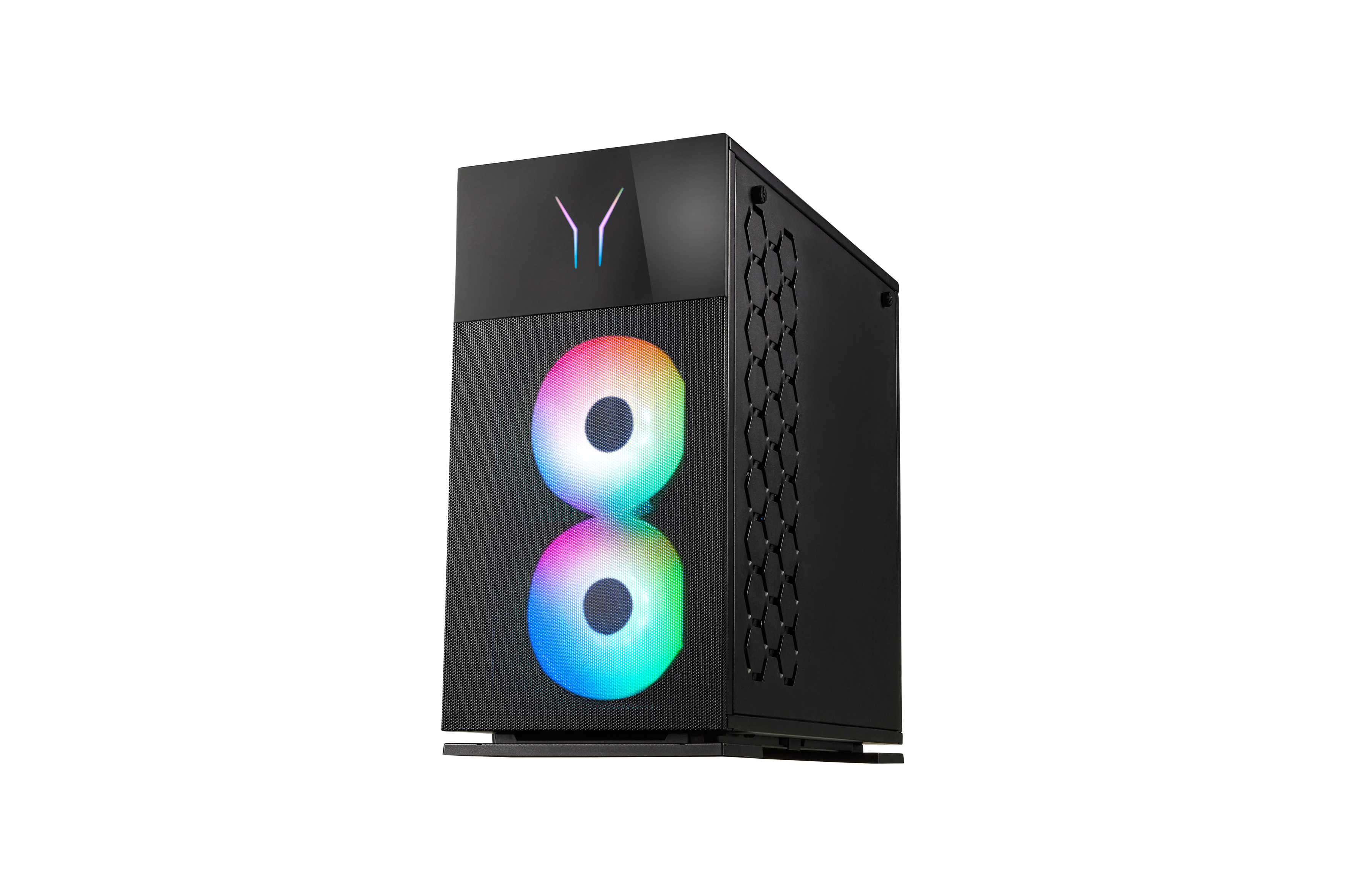 Schwarzer PC-Tower mit RGB-LED-Lüftern und einem markanten Design.
