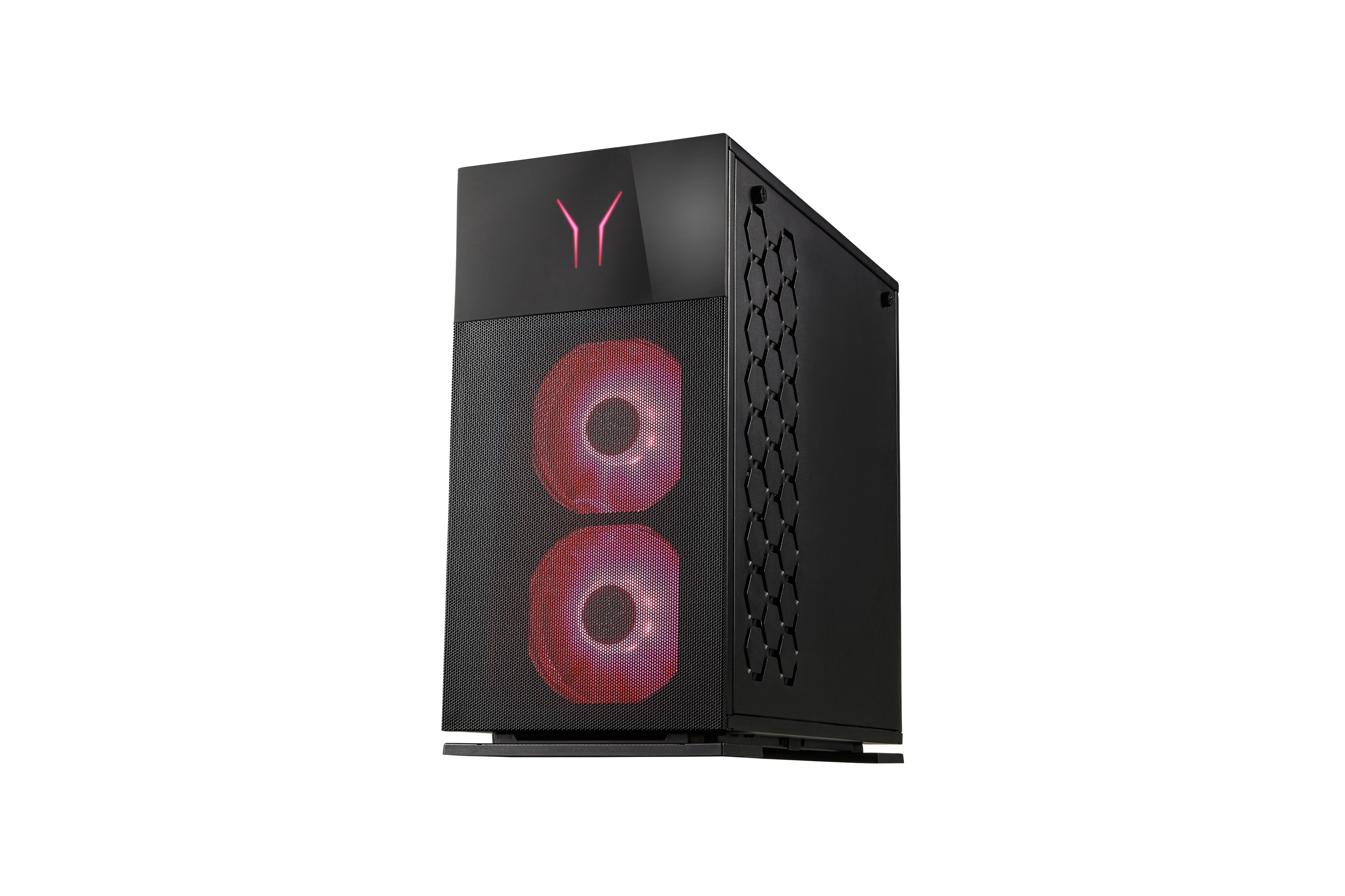 Schwarzer PC-Tower mit roten LED-Lüftern und einem markanten Design.