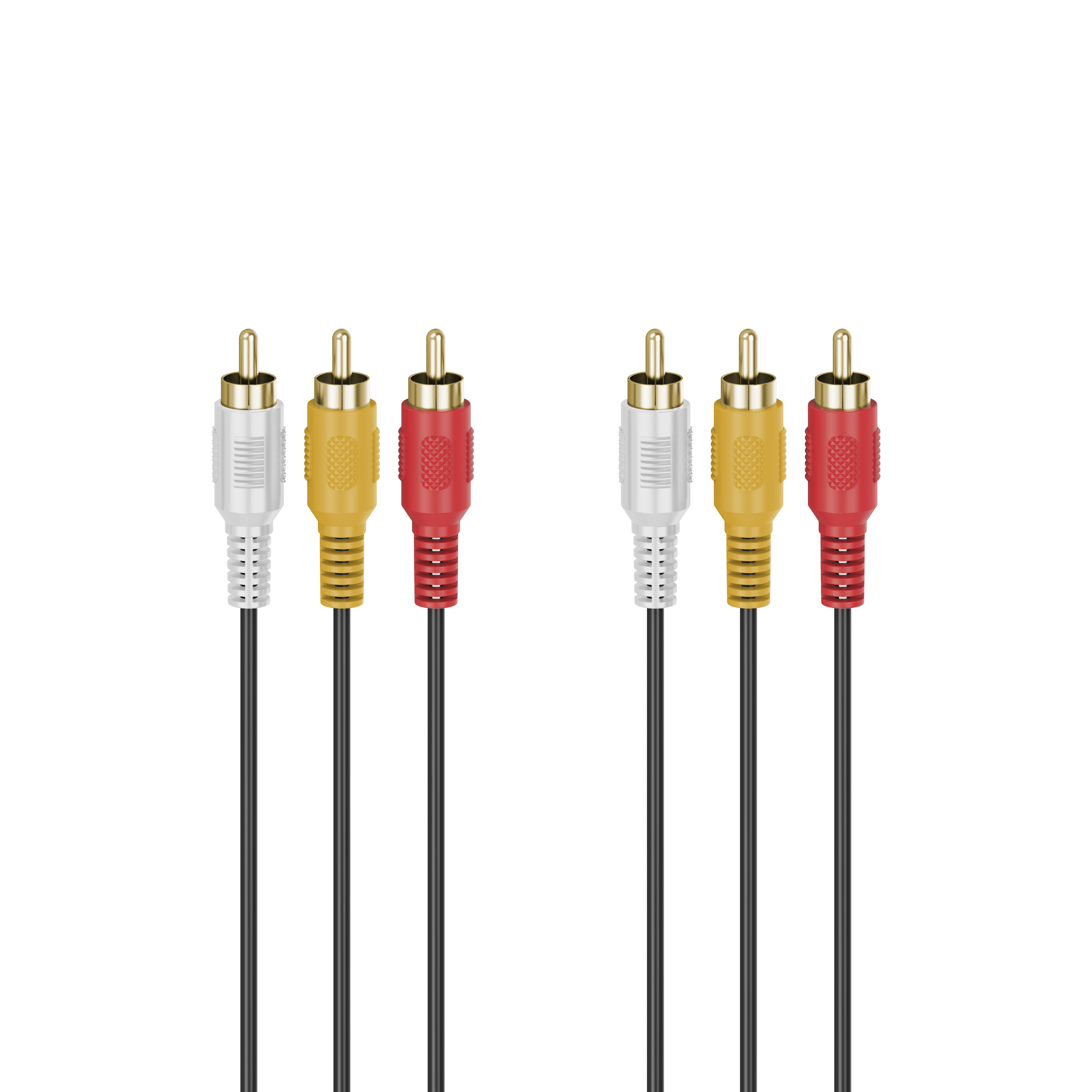Mehrfarbige Cinch-Kabel mit weißen, gelben und roten Steckern, angeordnet auf weißem Hintergrund.