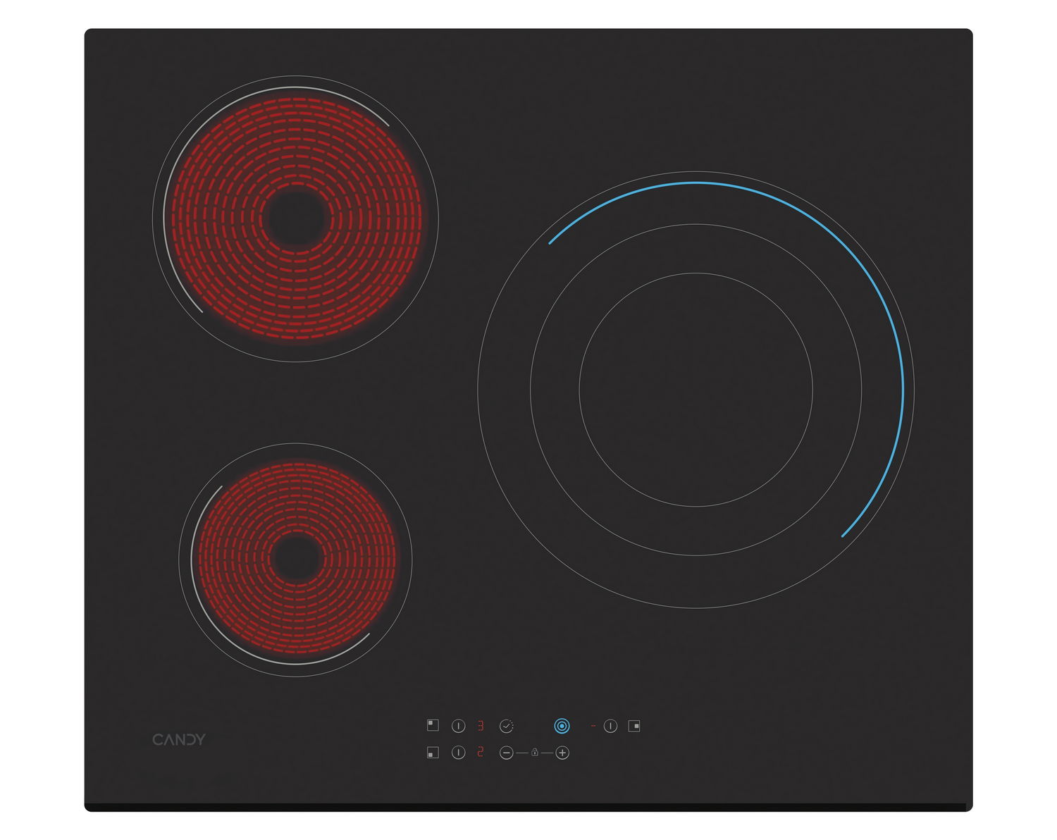 Placa de cocina negra con tres zonas de cocción, dos rojas brillantes, una con borde azul.