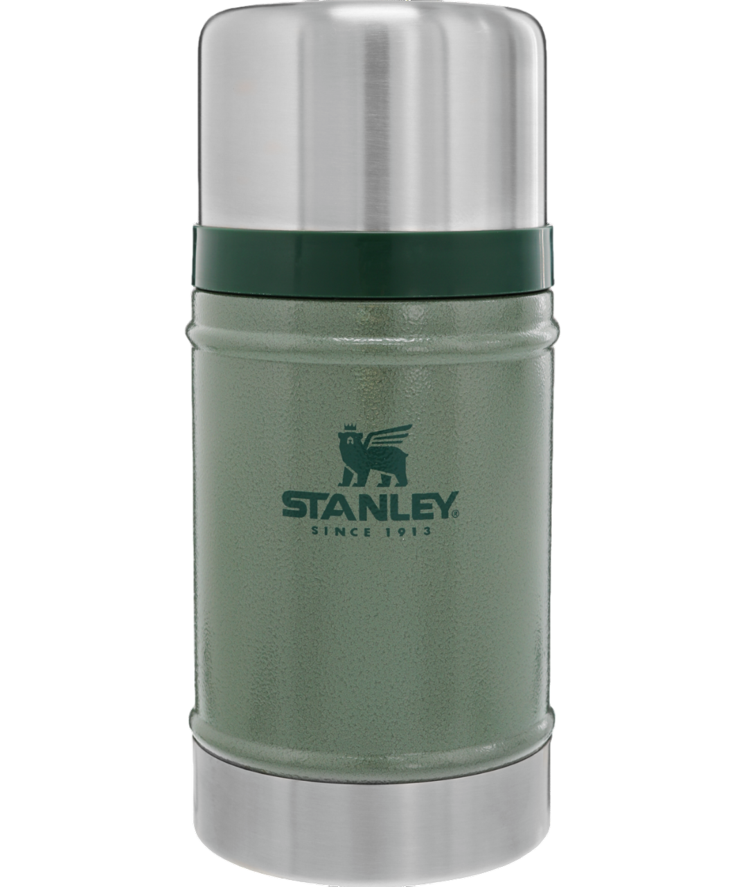 Stanley logosu ile kapalı, yeşil Stanley termos.