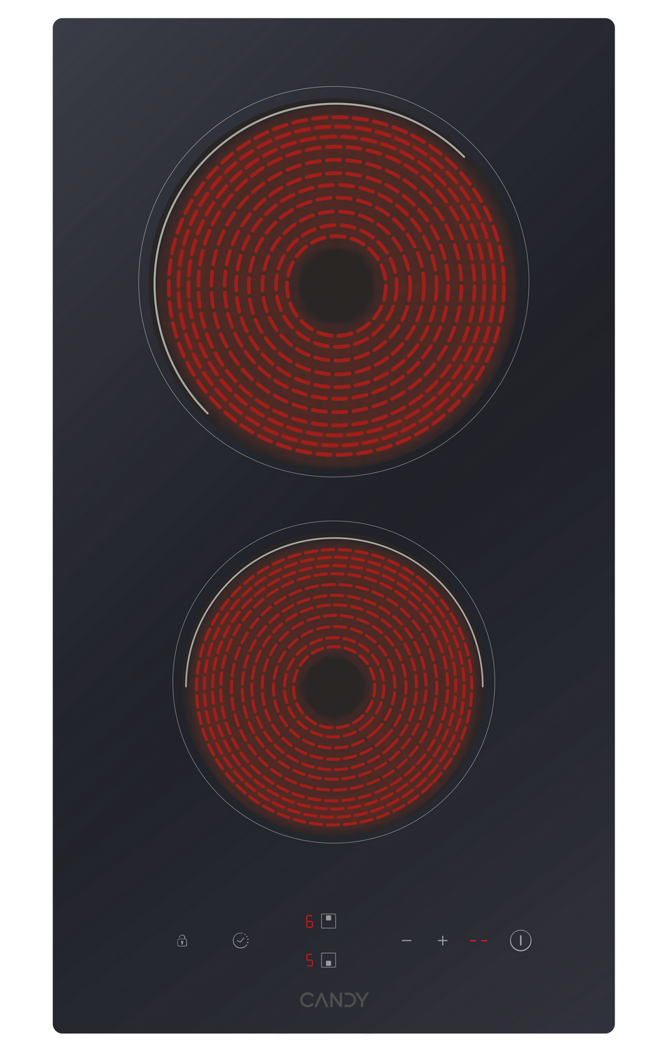 Placa de cocina negra con dos zonas de cocción rojas brillantes. Panel de control inferior con el logo de Candy.