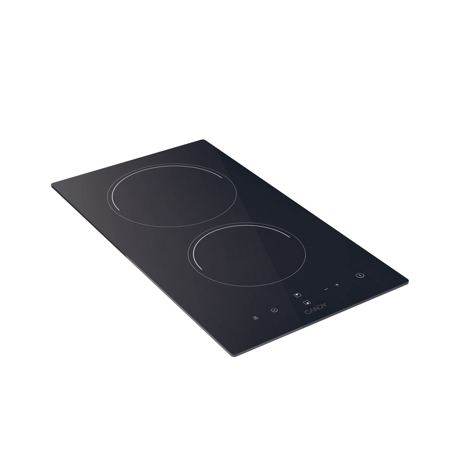 Placa de cocina negra con dos zonas de cocción, logo Candy. Vista diagonal desde arriba, fondo blanco.