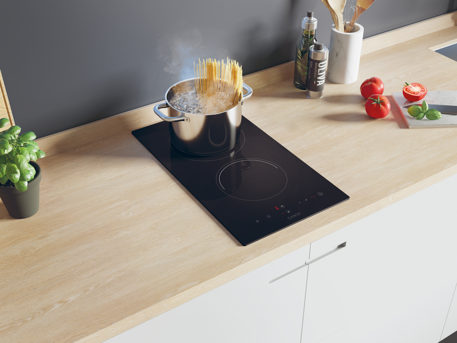 Placa de cocina con agua hirviendo y pasta. Olla en la placa, tomates al lado. Cocina en el fondo.