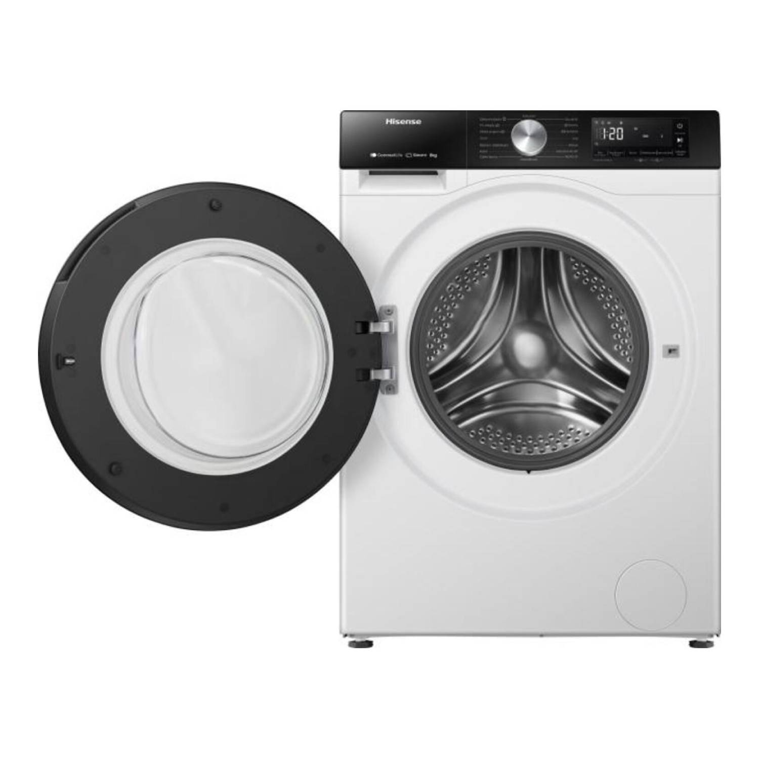 A white Hisense washing machine with an open black door. The control panel shows a timer. The machine is in a studio setting.